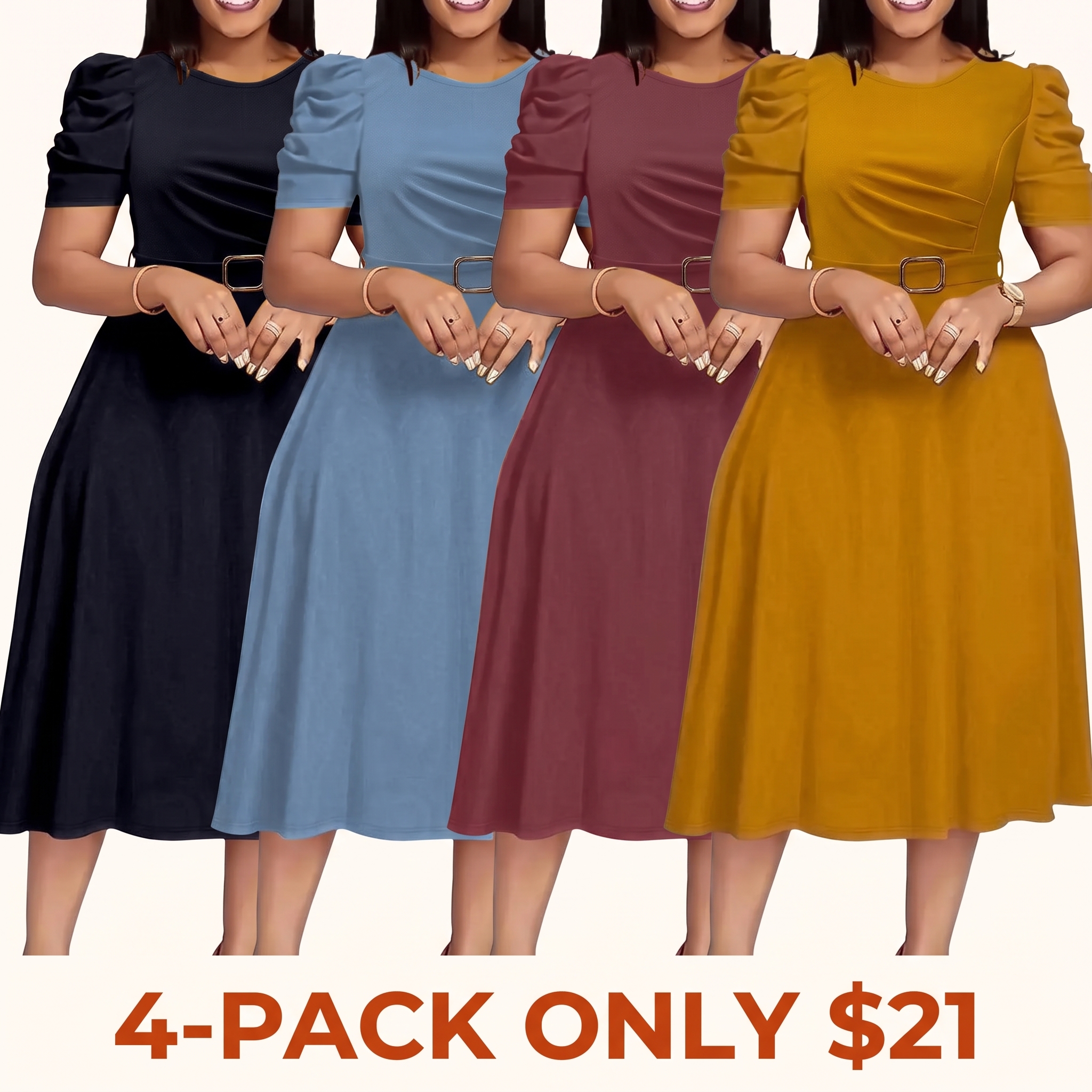 Camel-colored puff-sleeve midi dress for summer