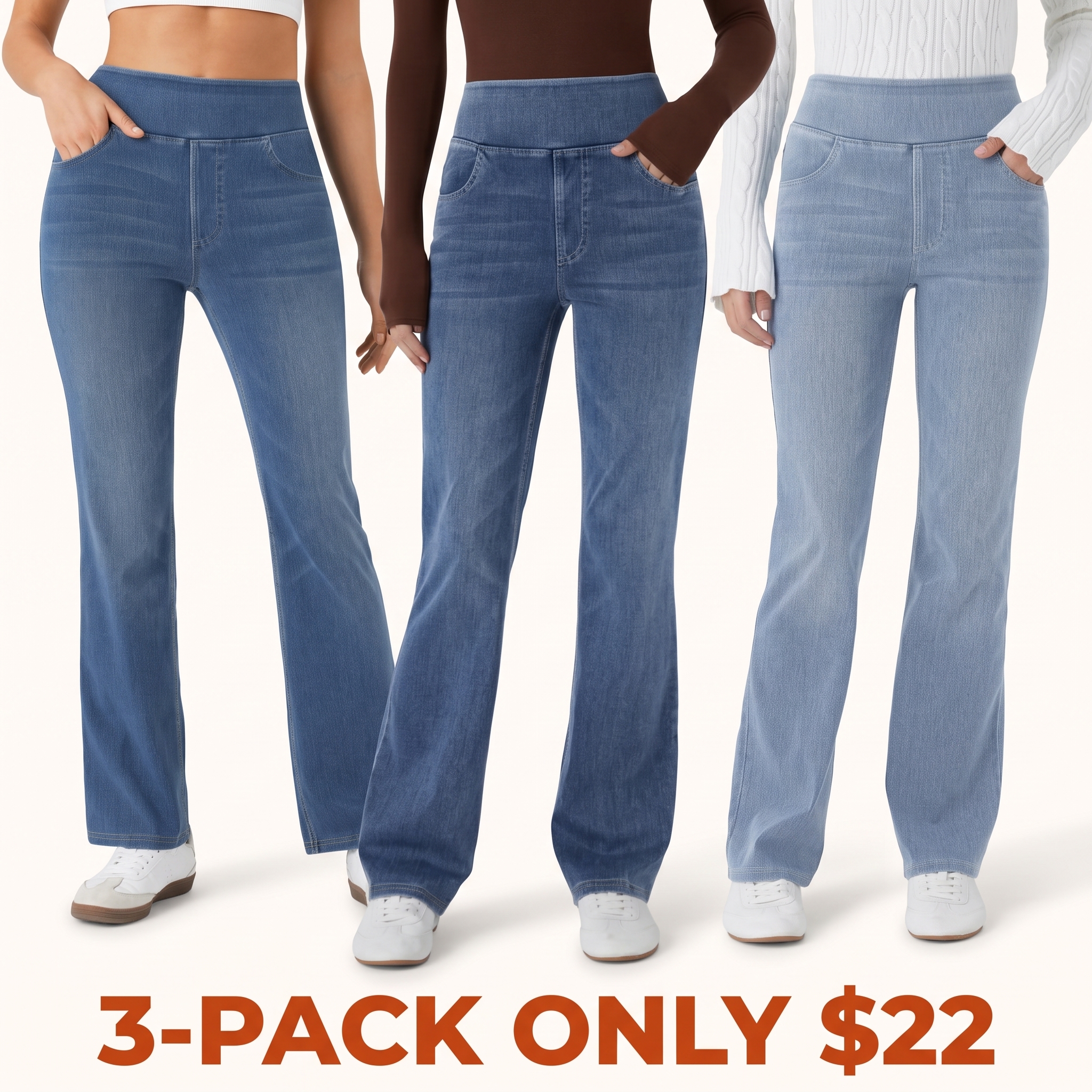 High-waisted, washed, casual slight-flare jeans with pockets