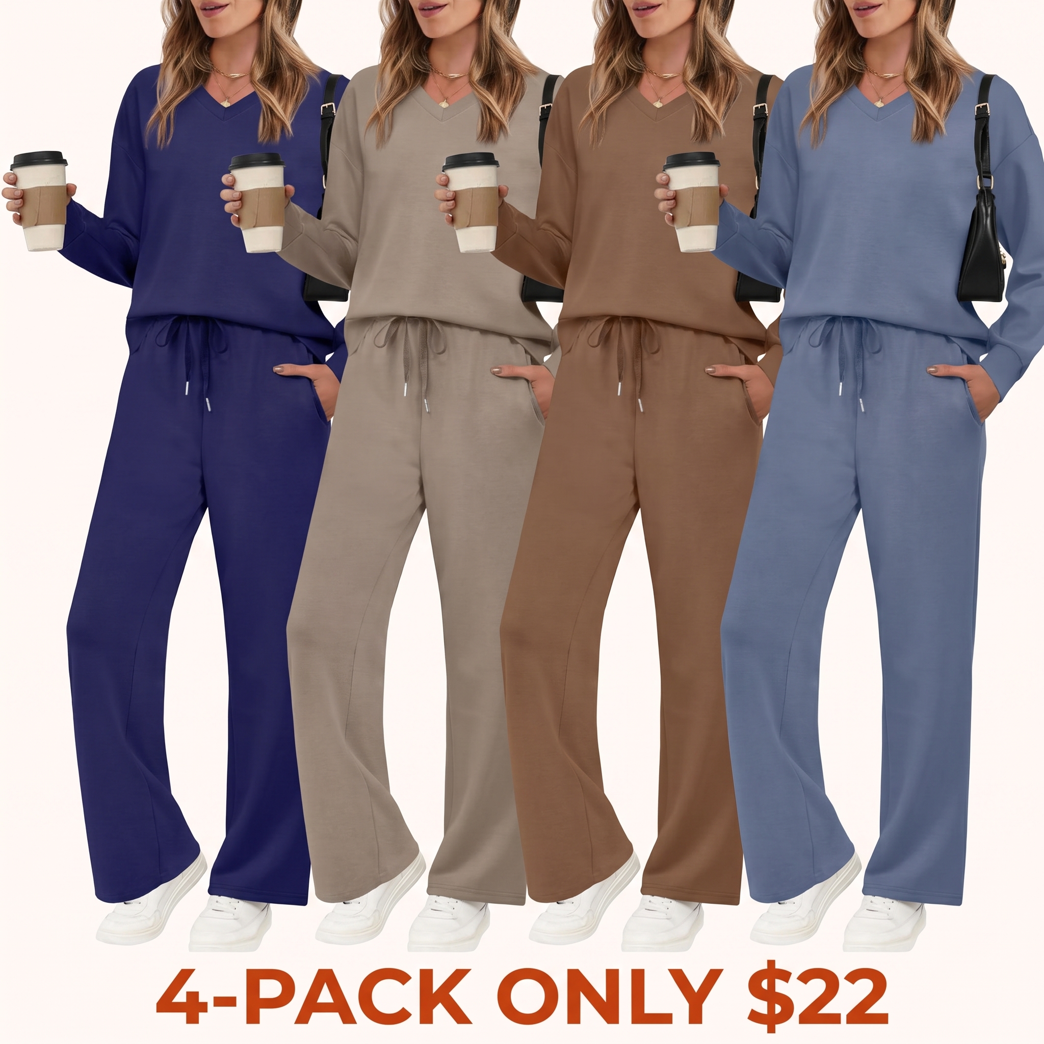 Women's Casual Two-Piece Set (V-Neck Top + Wide-Leg Pants)
