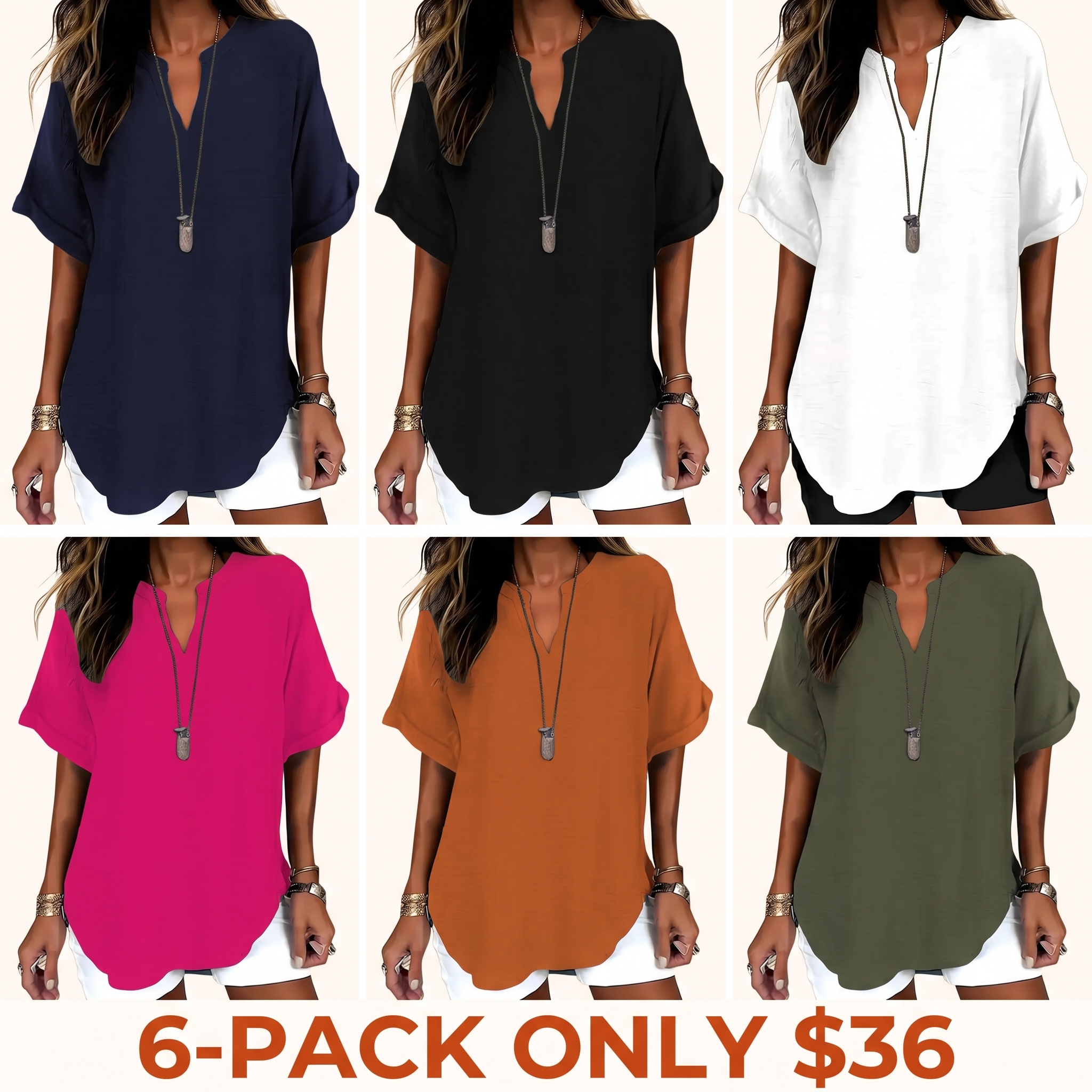 Women's Elegant and Simple Loose-Fit Short-Sleeve V-Neck Polyester Shirt
