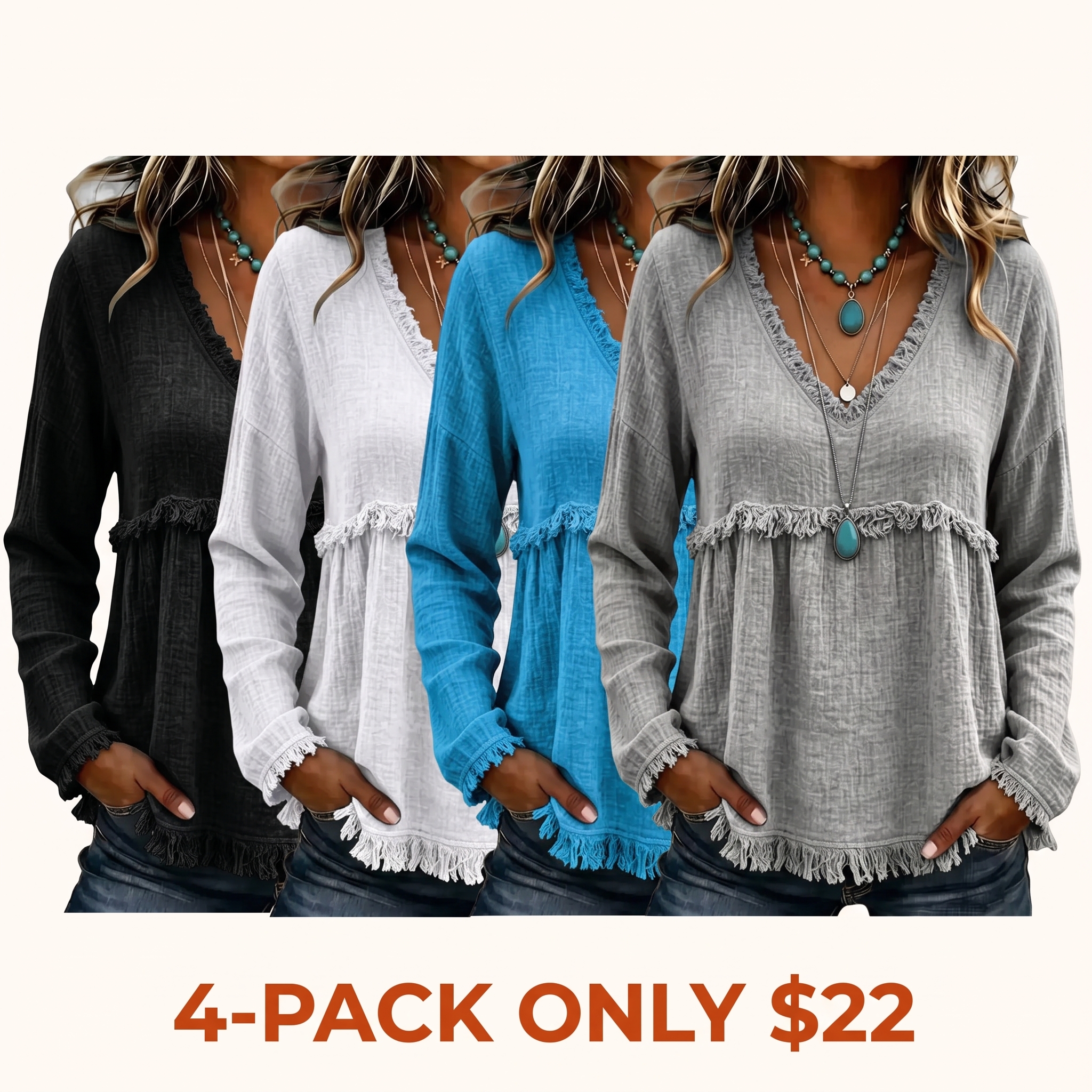 Women's Bohemian V-Neck Long-Sleeve Tassel Top
