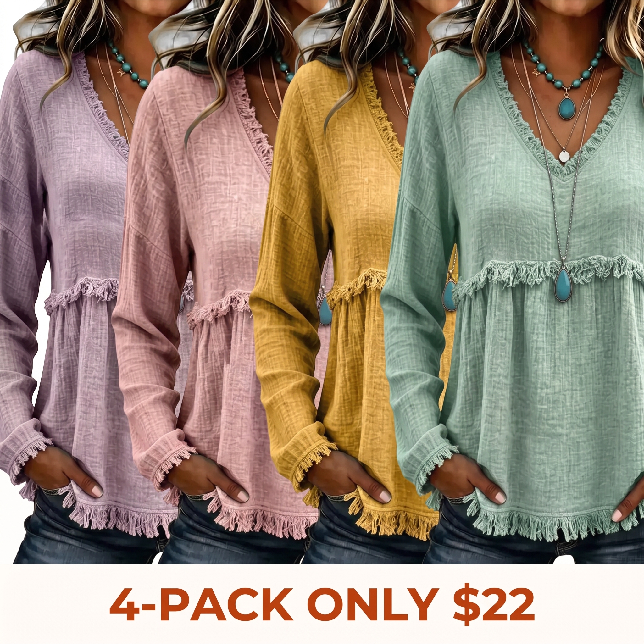 Women's Bohemian V-Neck Long-Sleeve Tassel Top