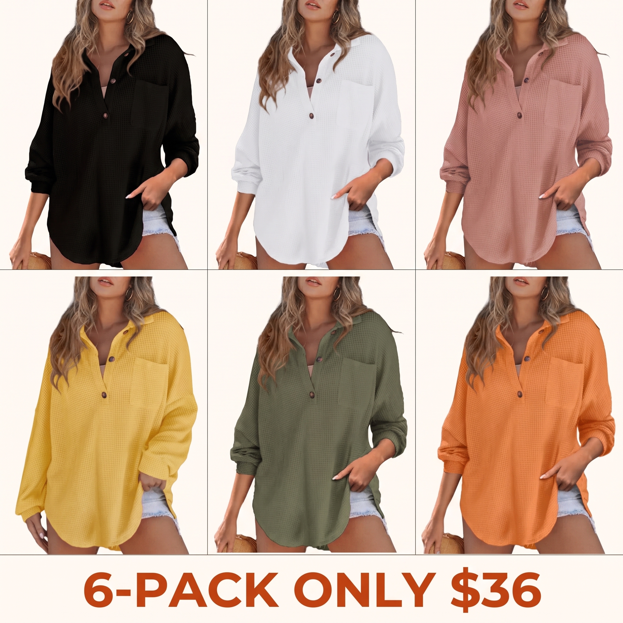 Women's Relaxed-Fit Waffle-Knit Henley Shirt