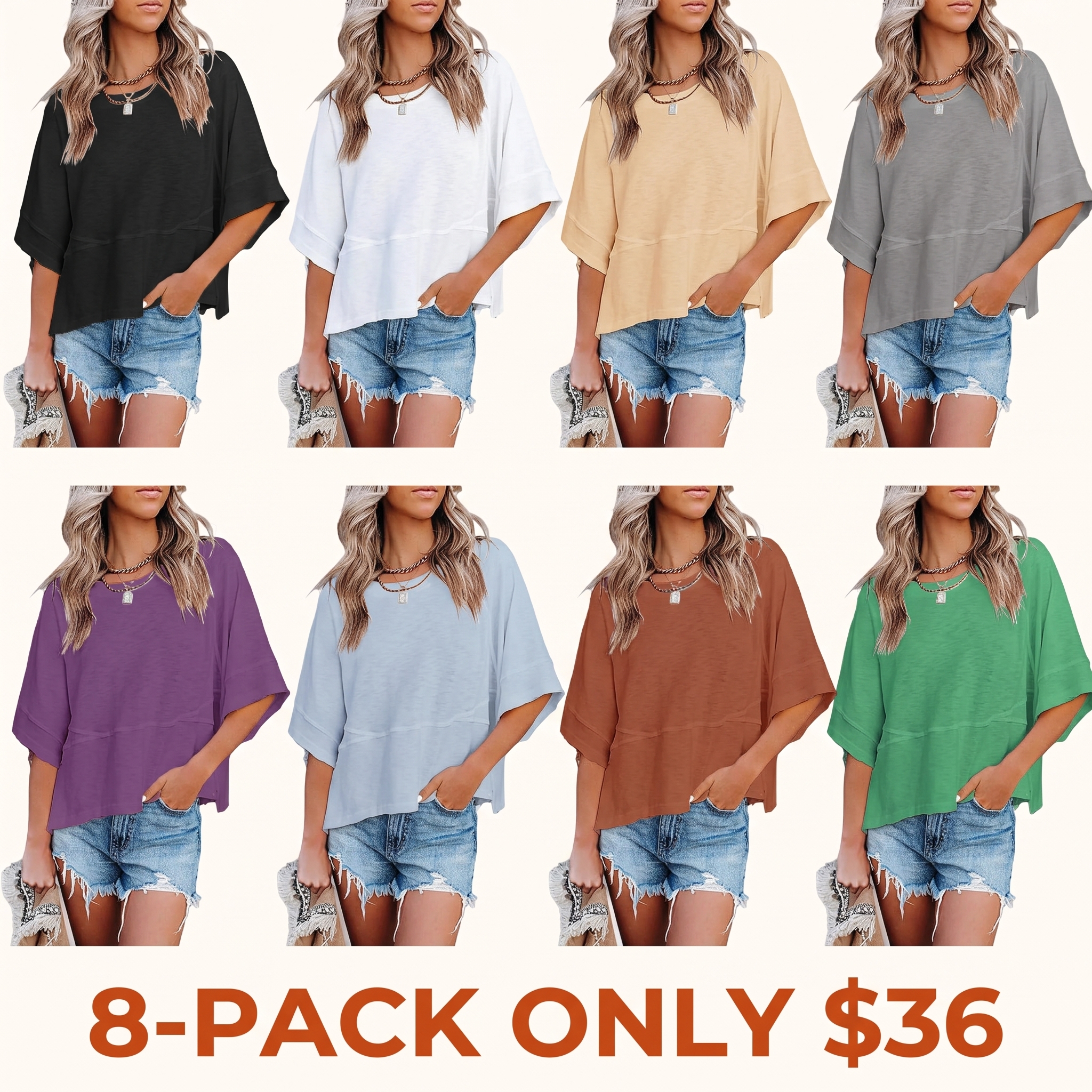 Women's Casual Summer Crew Neck Batwing Sleeve T-Shirt