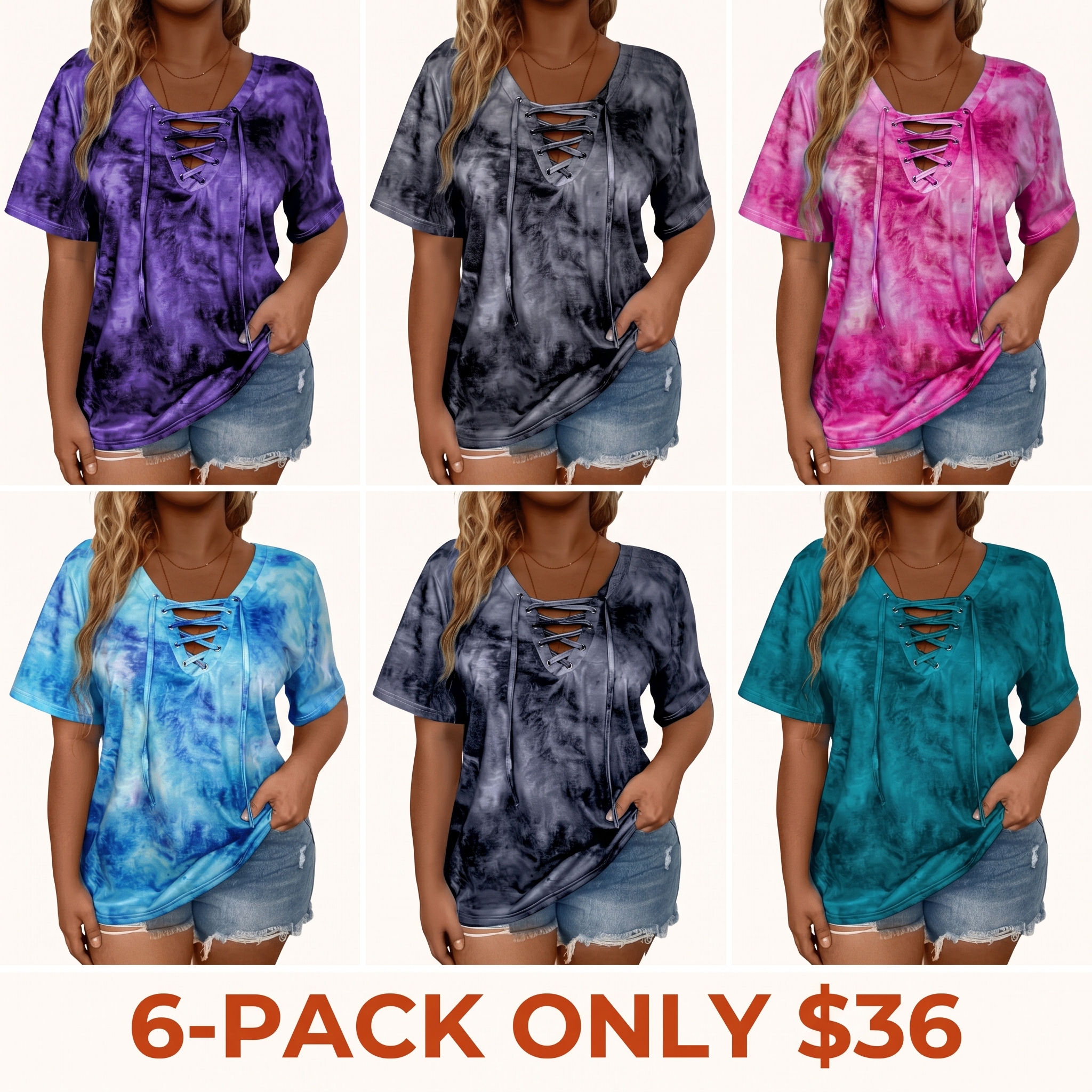 Women's Plus-Size Front-Lace-Up V-Neck T-Shirt