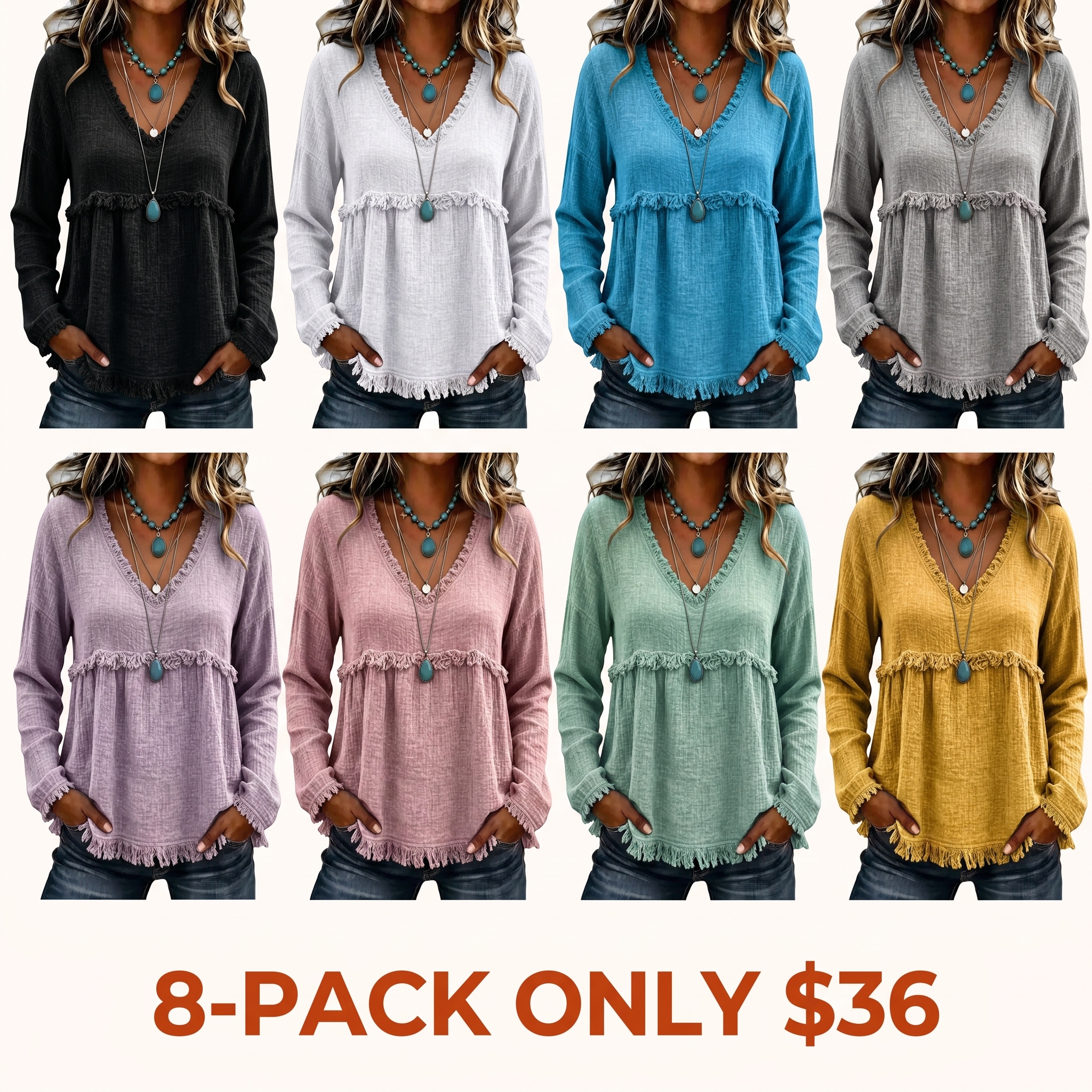 Women's Bohemian V-Neck Long-Sleeve Tassel Top