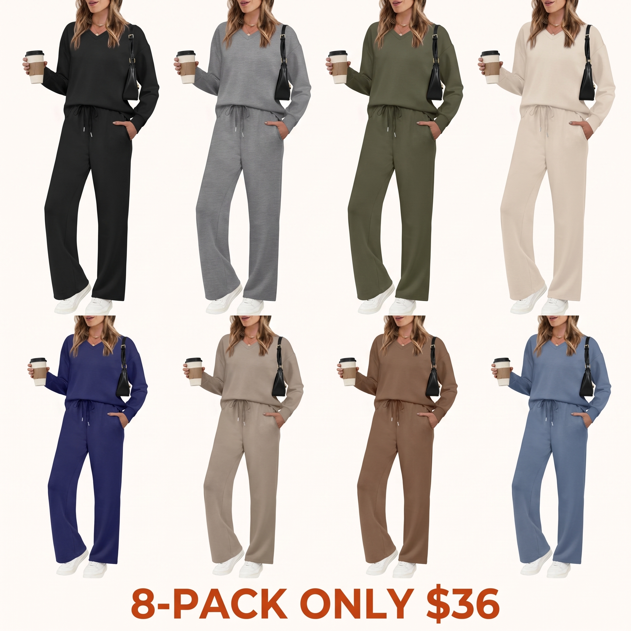 Women's Casual Two-Piece Set (V-Neck Top + Wide-Leg Pants)