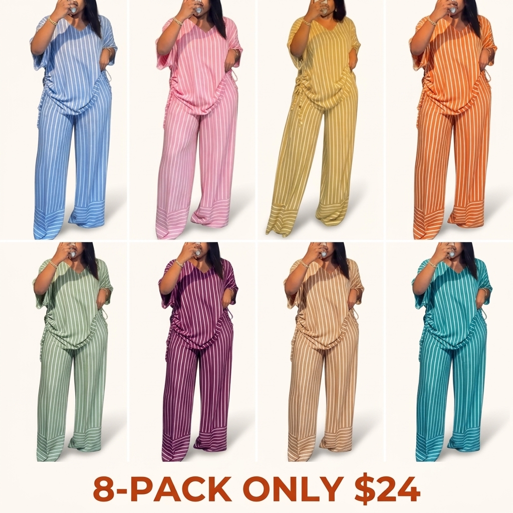 Summer new striped loose fashion casual women's V-neck thin and drape wide-leg pants suit