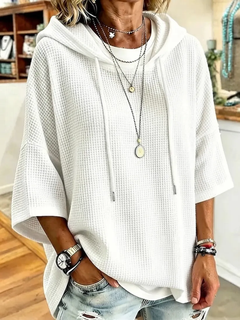 Women’s Drawstring Hooded Waffle Knit Short Sleeve Sweater