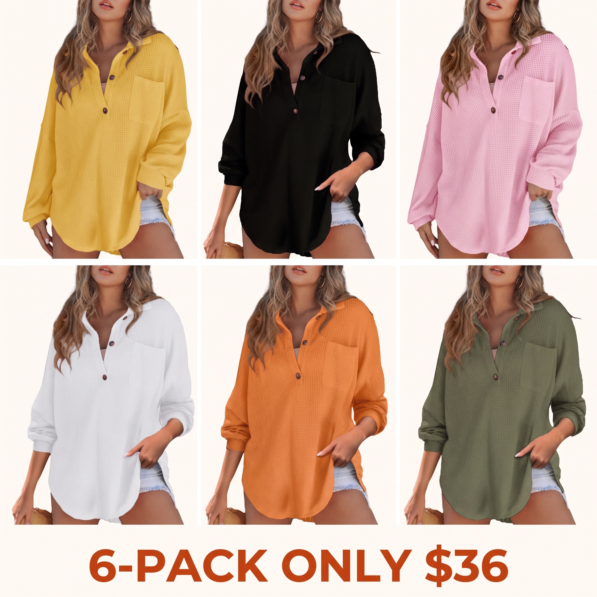 Women's Relaxed-Fit Waffle-Knit Henley Shirt
