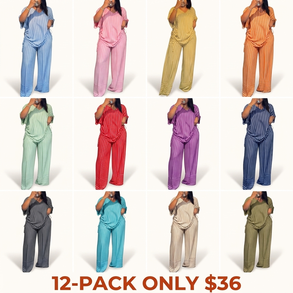 Summer new striped loose fashion casual women's V-neck thin and drape wide-leg pants suit