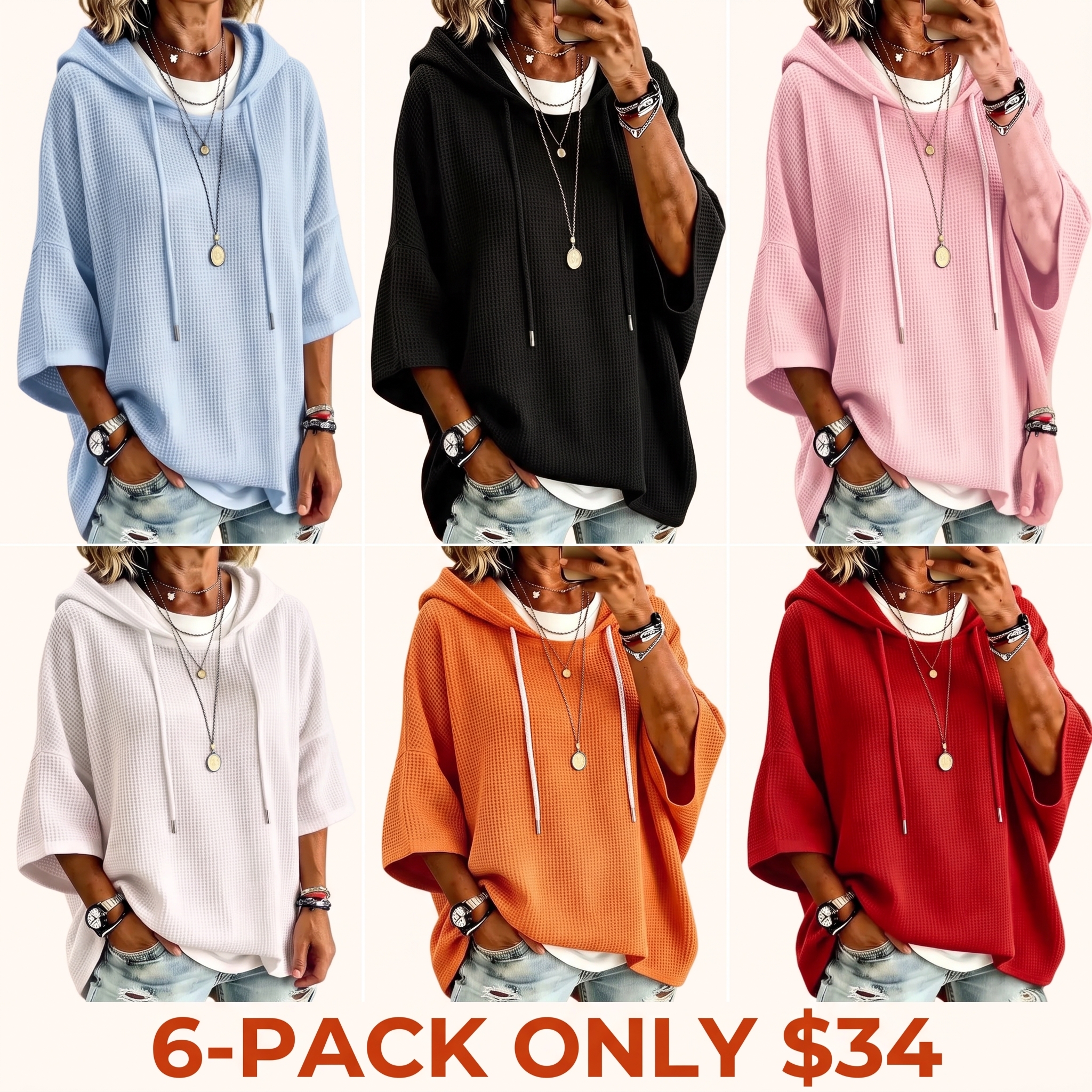 Women’s Drawstring Hooded Waffle Knit Short Sleeve Sweater