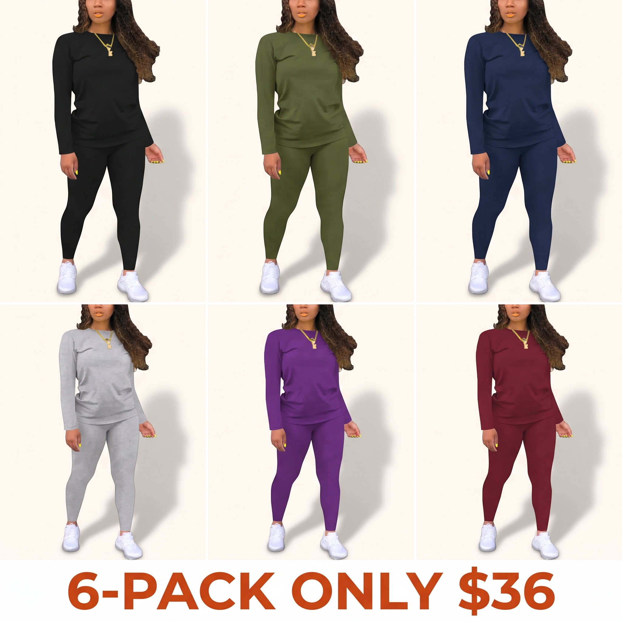 Women's Solid-Color Slim-Fit Long-Sleeve T-Shirt and Elastic-Waist Pants Set
