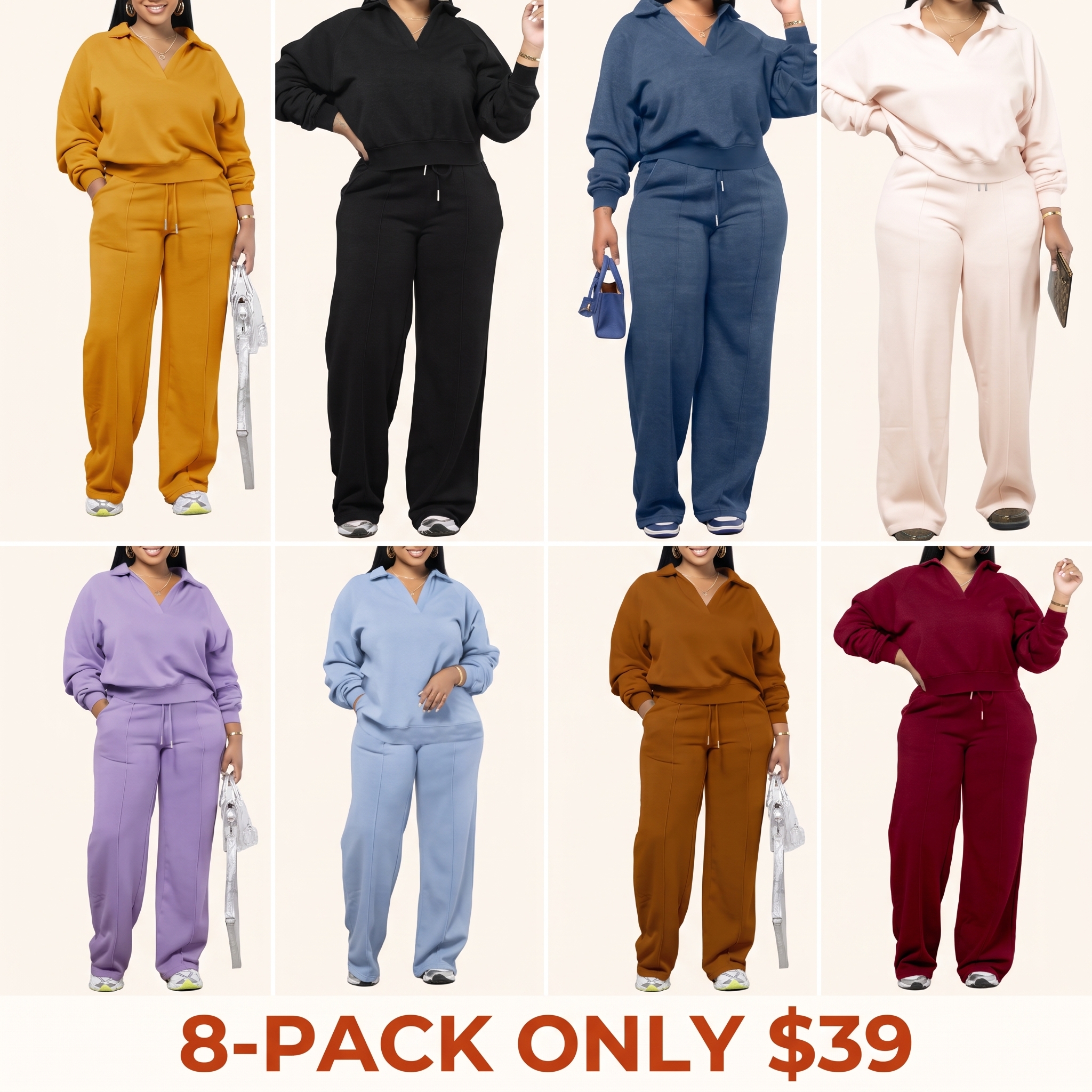 Women's Solid-Color Long-Sleeve Sweatshirt and Drawstring Elastic-Waist Pants Set