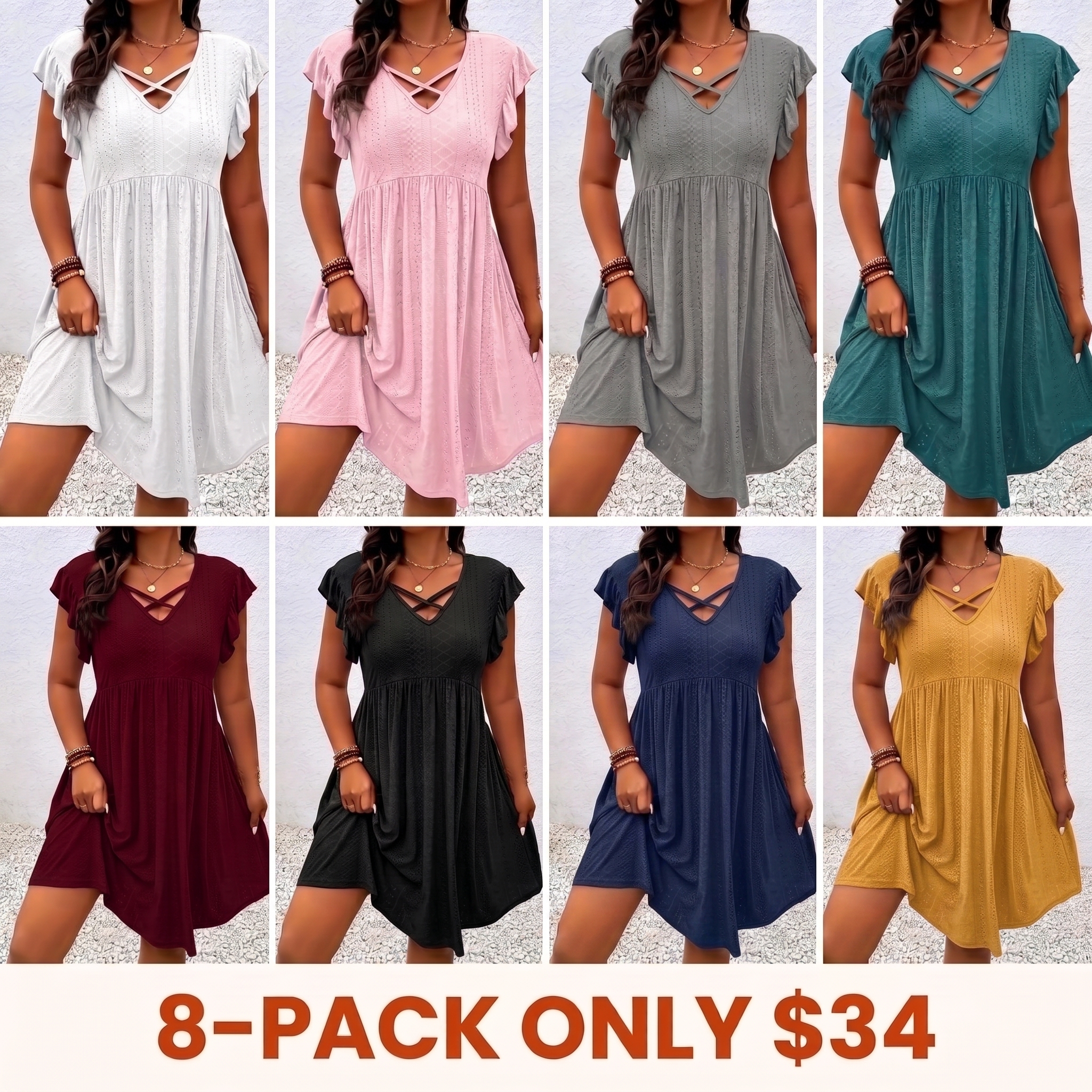 [Plus Size] Solid-Color Cut-Out V-Neck Dress