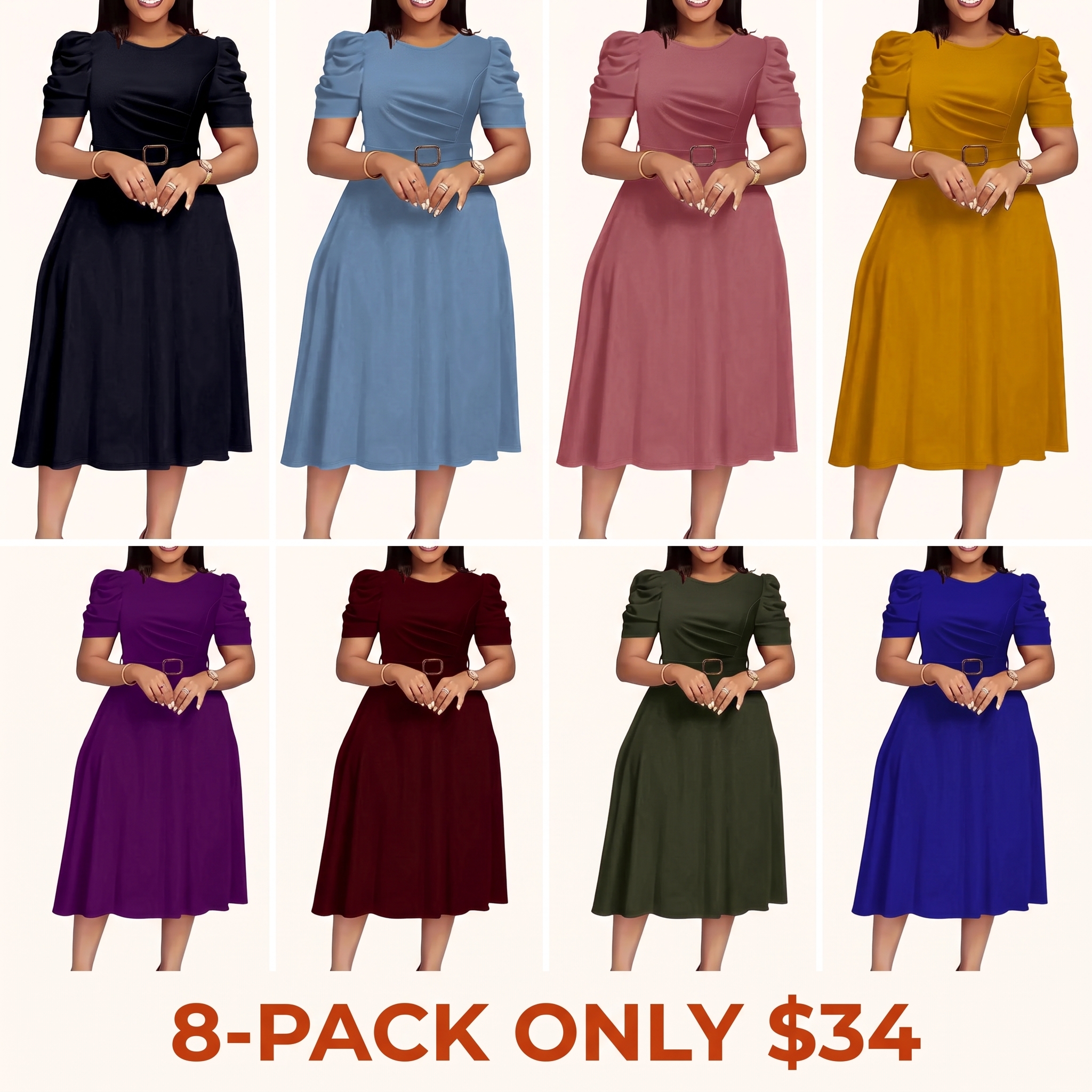 Camel-colored puff-sleeve midi dress for summer