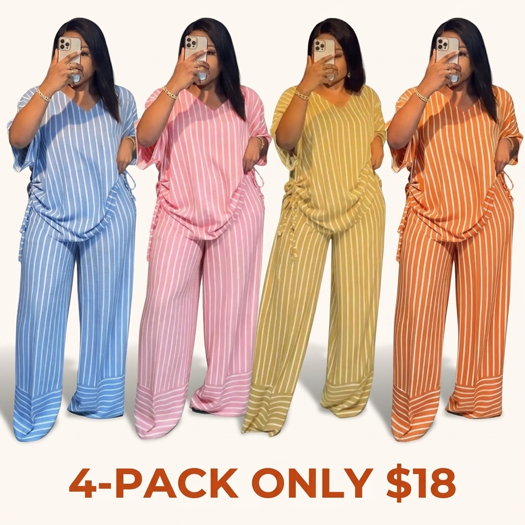 Summer new striped loose fashion casual women's V-neck thin and drape wide-leg pants suit
