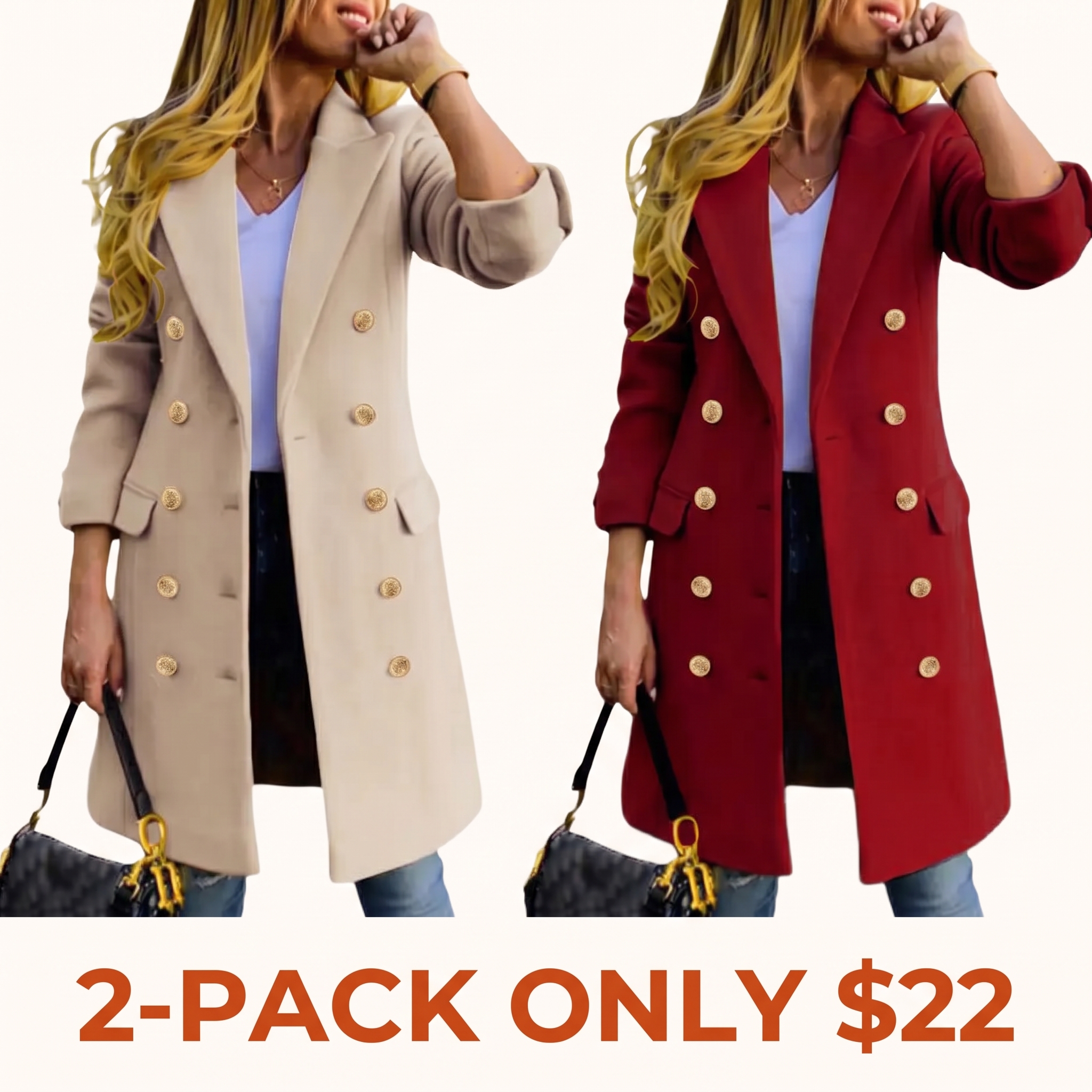 Women's Slim-Fit Double-Breasted Wool-Blend Mid-Length Coat