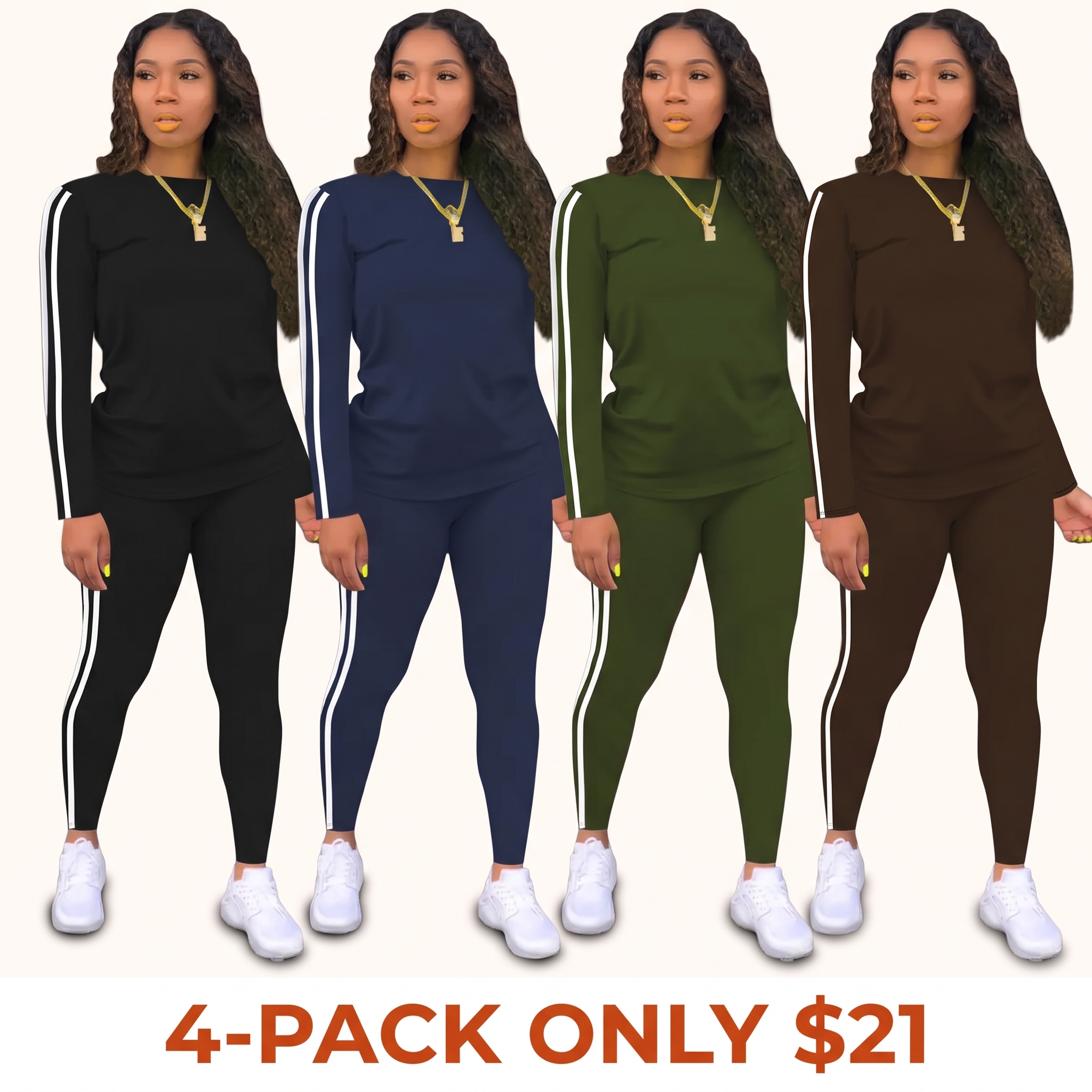 Women's Striped Print Slim-Fit Long-Sleeve Knit Top and Pants Two-Piece Set