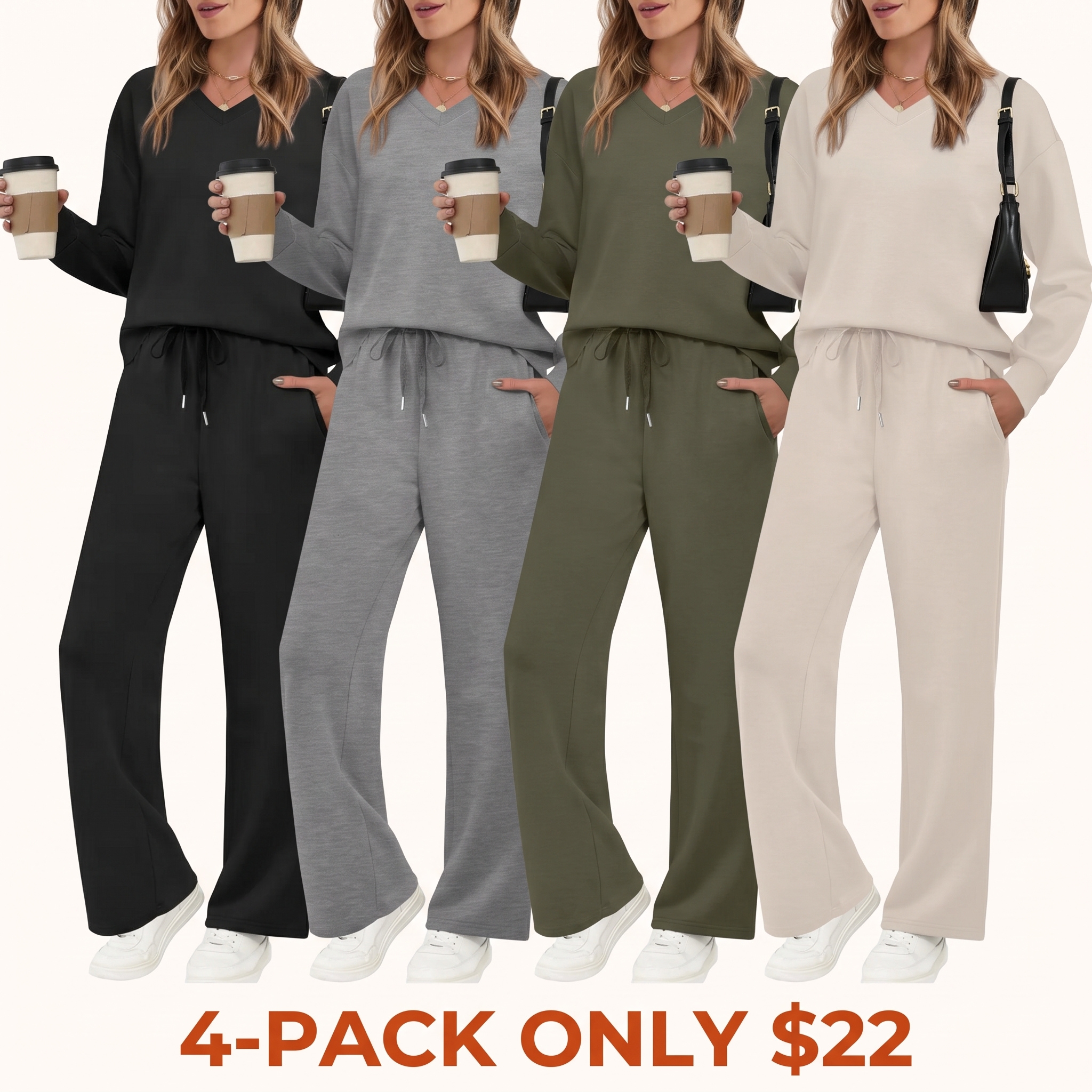 Women's Casual Two-Piece Set (V-Neck Top + Wide-Leg Pants)