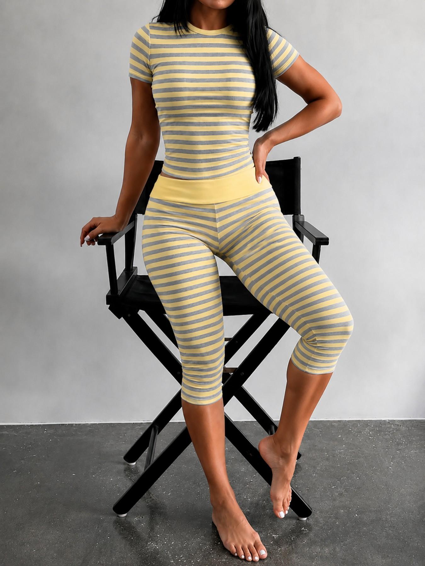 Yellow Grey Striped Two Piece Loungewear Set Crew Neck Short Sleeve Slim Crop Top High Waist Capri Leggings Stretch Fitted Matching Outfit ideal for home relaxation gym training grocery runs and casual everyday all season comfy outfits Multicolor Yellow Grey Striped Two Piece Loungewear Set Crew Neck Short Sleeve Slim Crop Top High Waist Capri Leggings Stretch Fitted Matching Outfit ideal for home relaxation gym training grocery runs and casual everyday all season comfy outfits Multicolor
