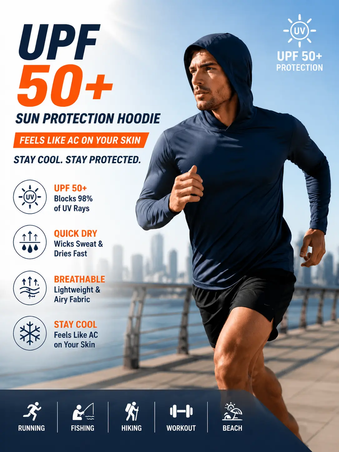 Men UPF 50+ Sun Protection Hoodie Long Sleeve T-Shirt