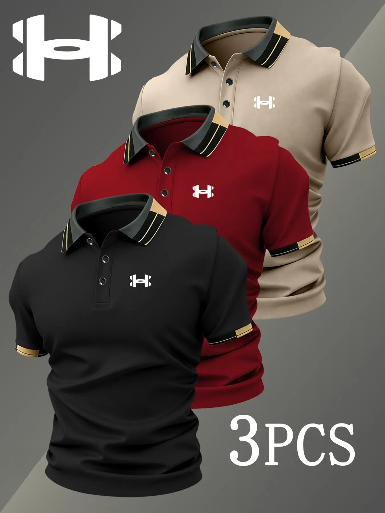 Men's Golf Polo Shirts Set with Logo Print and Geometric Pattern