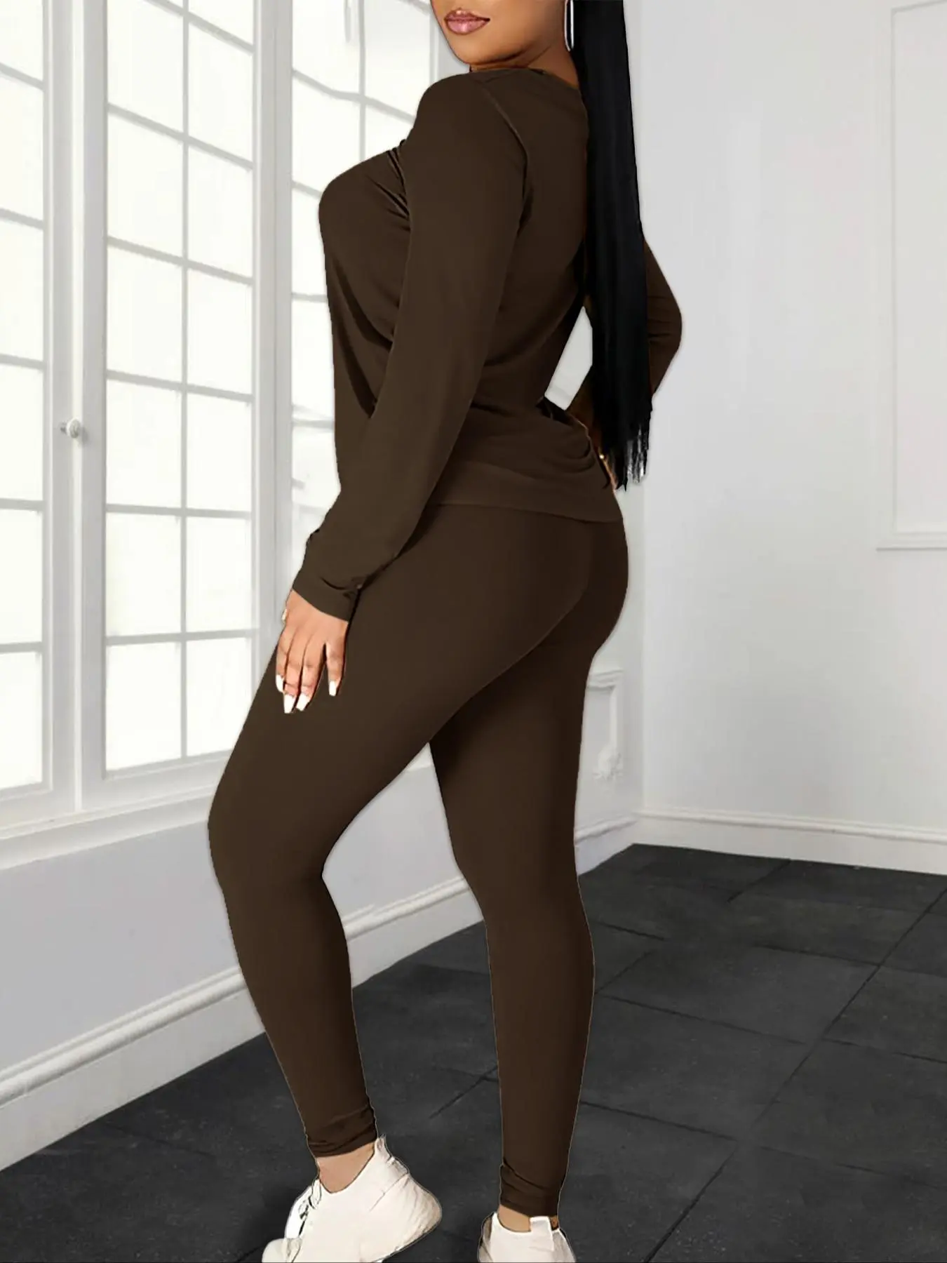 Women's Solid Basic Fitted Long Sleeve Tee & Elastic Waist Pants Set, Casual Round Neck Top & Trousers for Spring & Fall, Women's Clothing for Daily Wear, Womenswear Women's Solid Basic Fitted Long Sleeve Tee & Elastic Waist Pants Set, Casual Round Neck Top & Trousers for Spring & Fall, Women's Clothing for Daily Wear, Womenswear