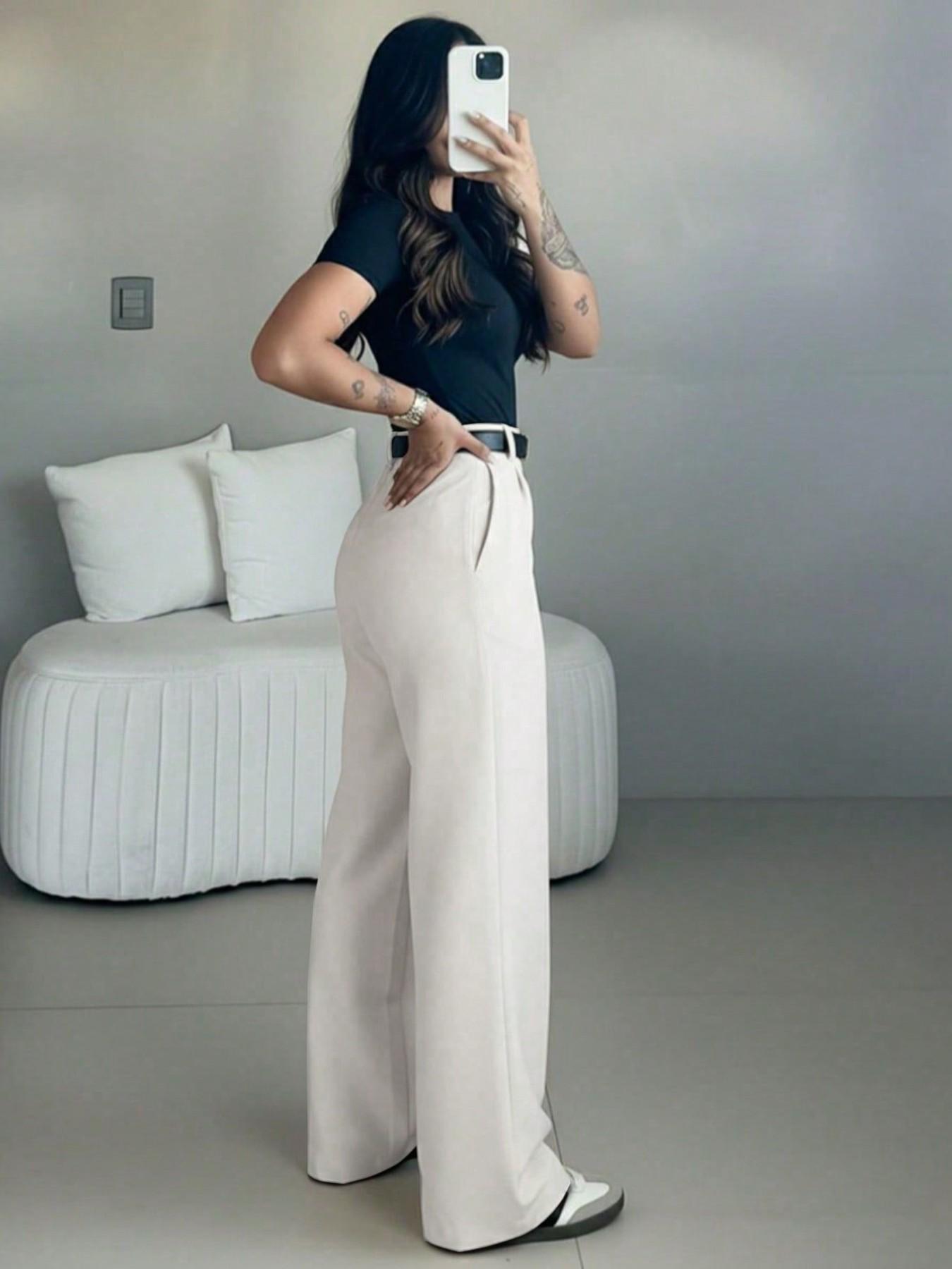 Women's High-Waisted Suit Pants, Loose Straight Leg, Flowy Drape Long Trousers, Versatile Daily Wear, Casual, Office Style, Slimming Effect, Fit