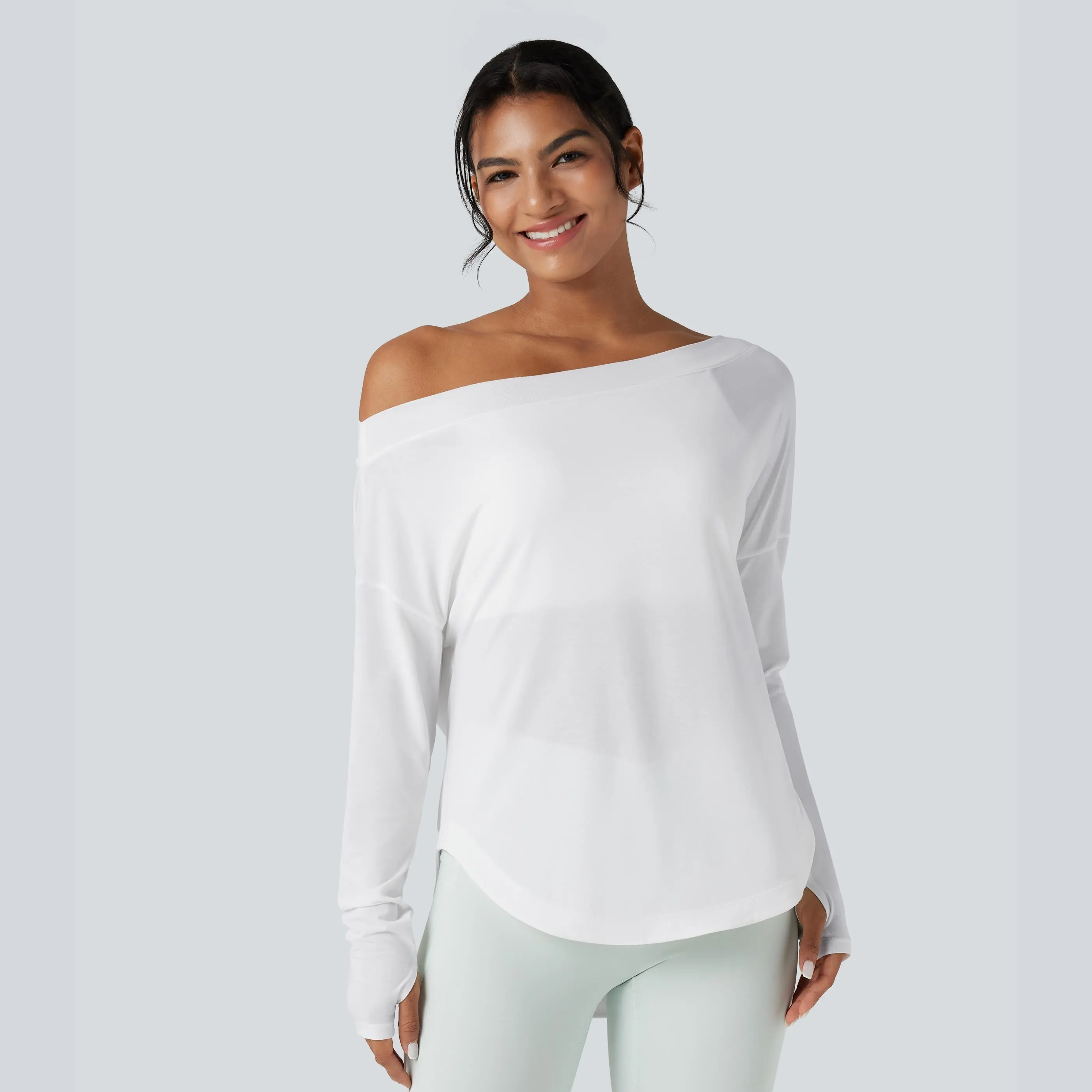 Halara One Shoulder Long Sleeve Thumb Hole Curved Hem High Low Quick Dry Yoga Sports Top-Built-in Bra Halara One Shoulder Long Sleeve Thumb Hole Curved Hem High Low Quick Dry Yoga Sports Top-Built-in Bra
