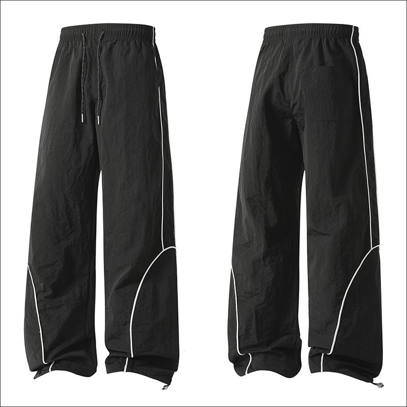 Men's Loose-Fit Wide-Leg Nylon Casual Pants - Printed Graphical Stripes, Drawstring Elastic Waist, Utility Pockets, Cool Breathable, All-Season Streetwear Clothing for Everyday Wear, Basketball, Wide-Leg Trousers