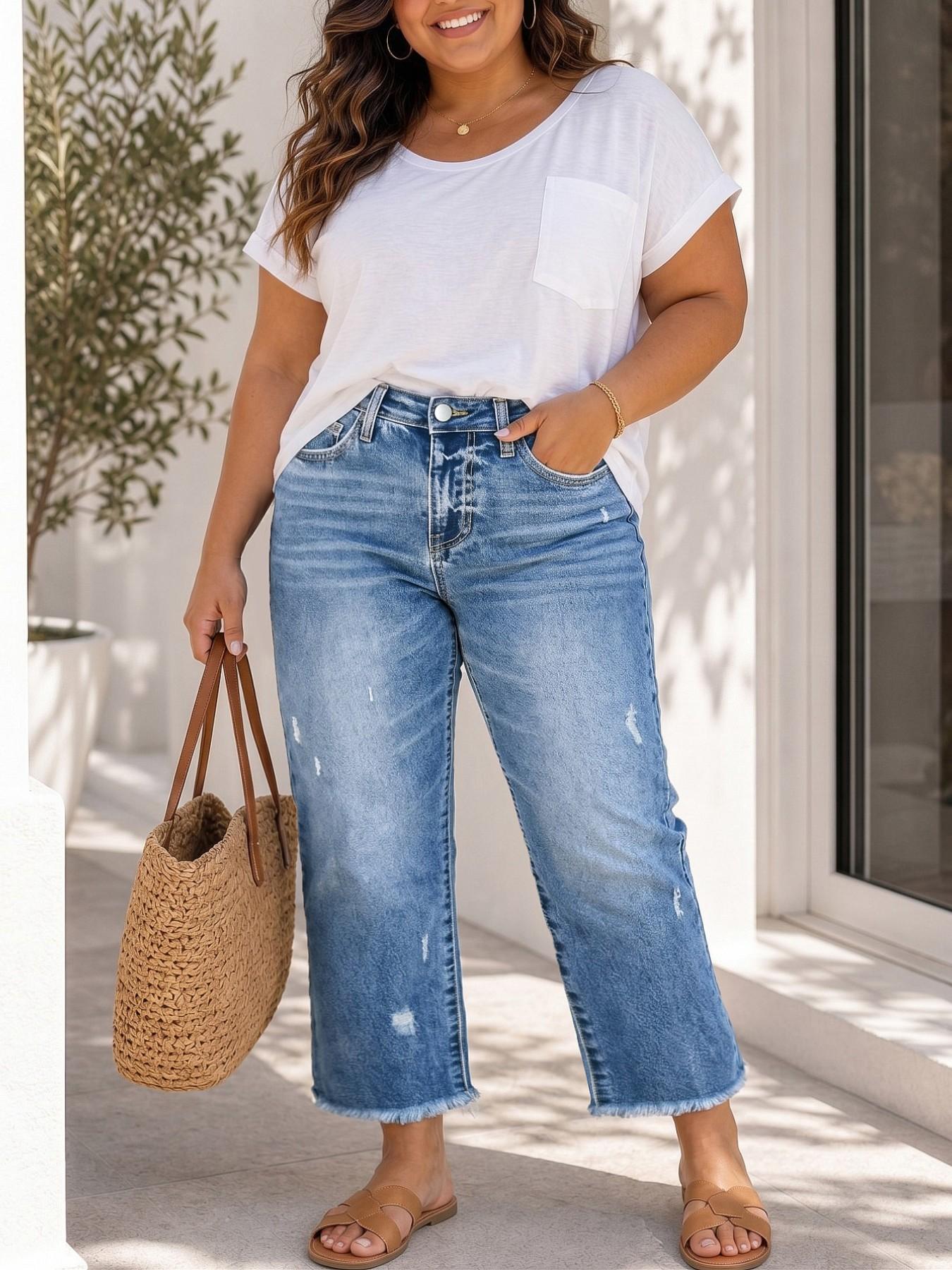 Spring Summer New Plus Size Women's Denim Jeans Washed Blue Elastic Loose Fit Hem Straight Leg Nine-Quarter Pants Casual, Solid Pattern Spring Summer New Plus Size Women's Denim Jeans Washed Blue Elastic Loose Fit Hem Straight Leg Nine-Quarter Pants Casual, Solid Pattern
