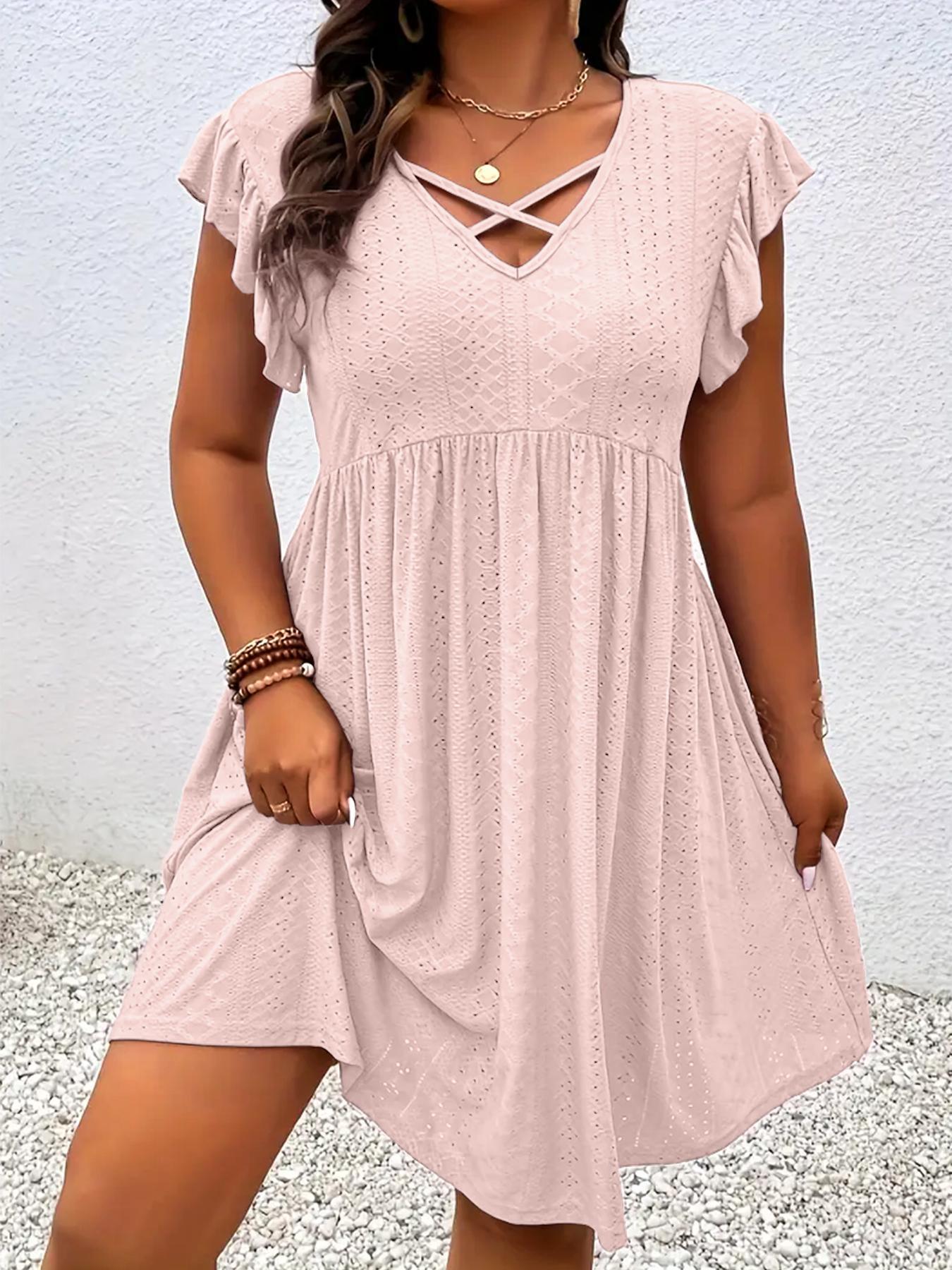 [Plus Size] Solid Color Hollow Out Vneck Dress, Casual Chic Dress, Casual Fashionable Dress for Summer, Women's Plus Clothing for Daily Wear, Womenswear