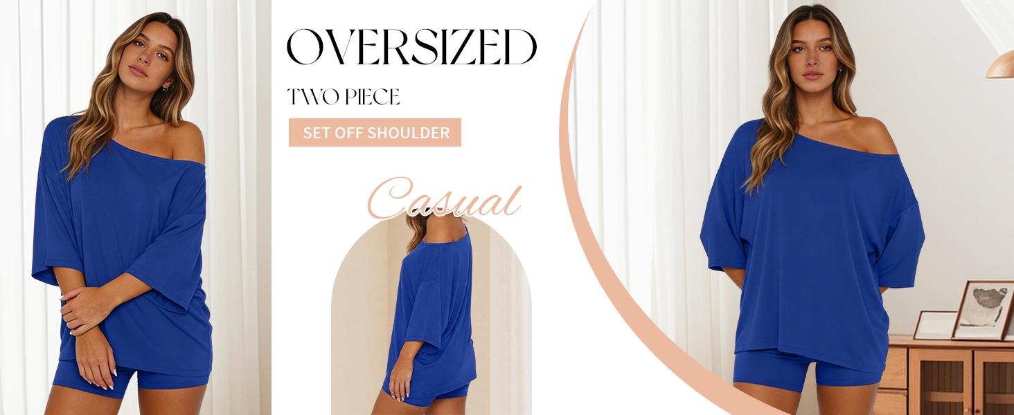 Tanming Women's 2-Piece Casual Loungewear Set - Plus Size Elegant Chic XL Women's Off-Shoulder Oversize Top & Fitted Shorts, Soft Stretchy Spring Apparel for Lounging, Coffee Runs, Work, Curvy Athletic Travel Outfits