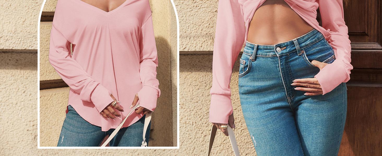 Imily Bela Womens Deep V Neck Tunic Tops Long Sleeve Oversized Casual Loose Fit Curved Hem T Shirts Imily Bela Womens Deep V Neck Tunic Tops Long Sleeve Oversized Casual Loose Fit Curved Hem T Shirts