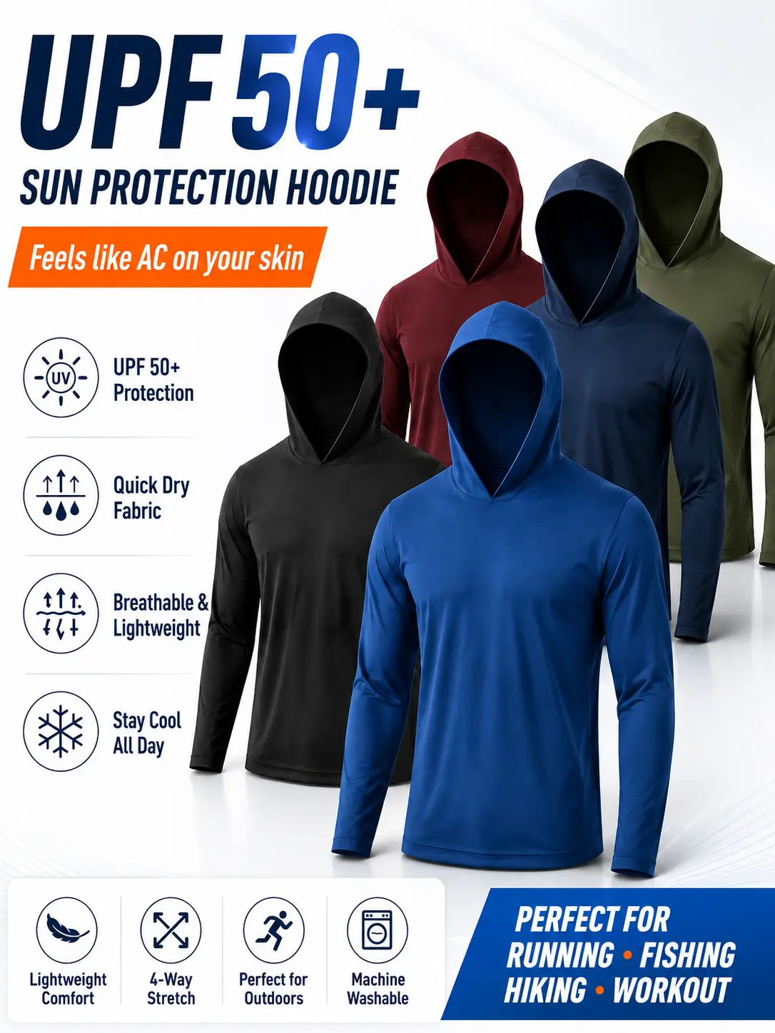 Men UPF 50+ Sun Protection Hoodie Long Sleeve T-Shirt