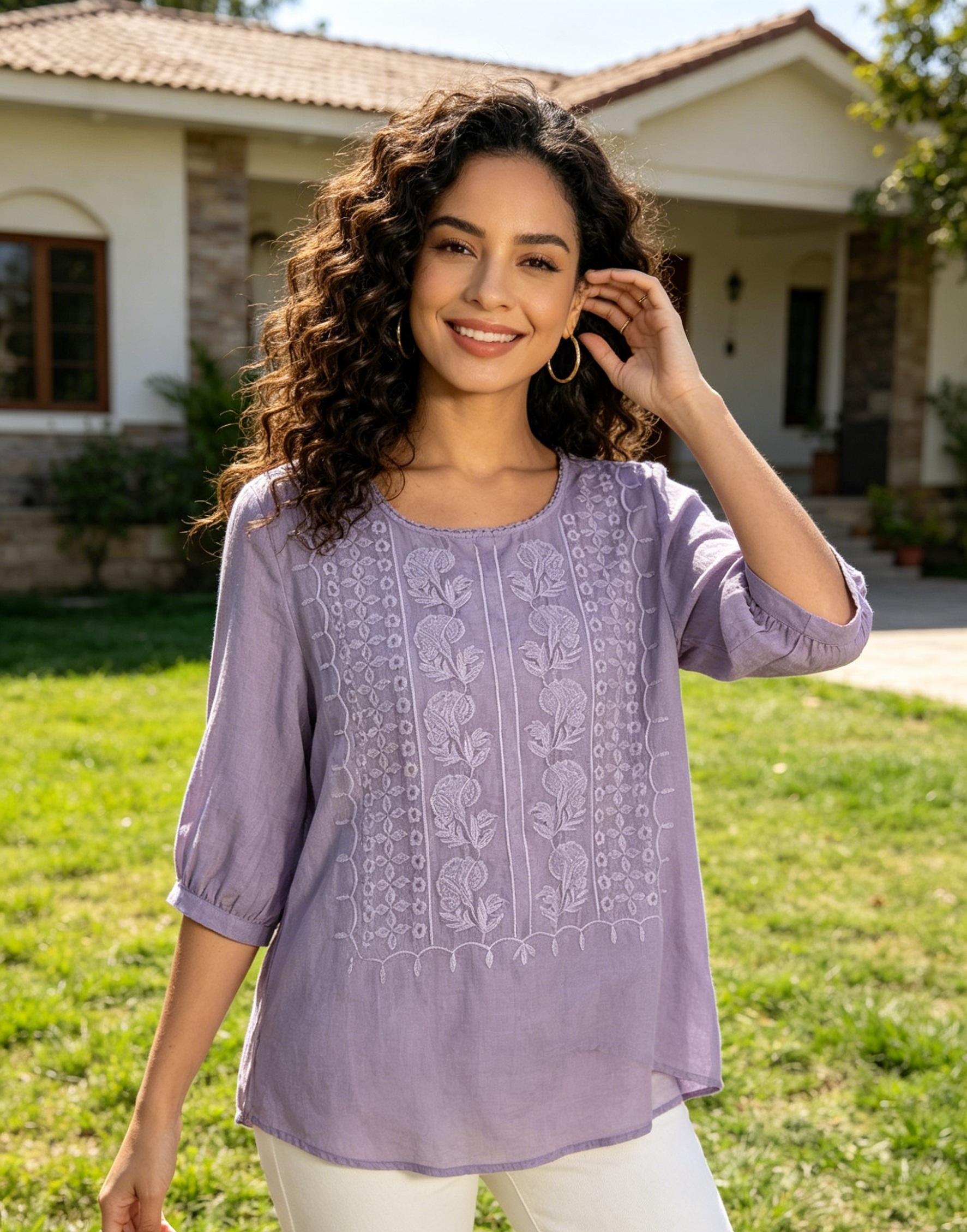 Women's Casual Vintage Blouse, Lightweight Summer Top with Intricate Embroidery, Breathable Cotton-Linen Blend, Loose Fit, Round Neck, Mid-Length Sleeves Women's Casual Vintage Blouse, Lightweight Summer Top with Intricate Embroidery, Breathable Cotton-Linen Blend, Loose Fit, Round Neck, Mid-Length Sleeves