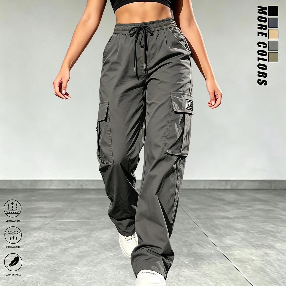 Women&rsquo;s cargo pants: casual, elastic waist, Bohemian minimalist basic women&rsquo;s trousers with pockets; suitable for summer outfits, vacations, and beachwear; sporty casual style; comfortable loose fit; casual drawstring high-waist pants; loose and comfortab