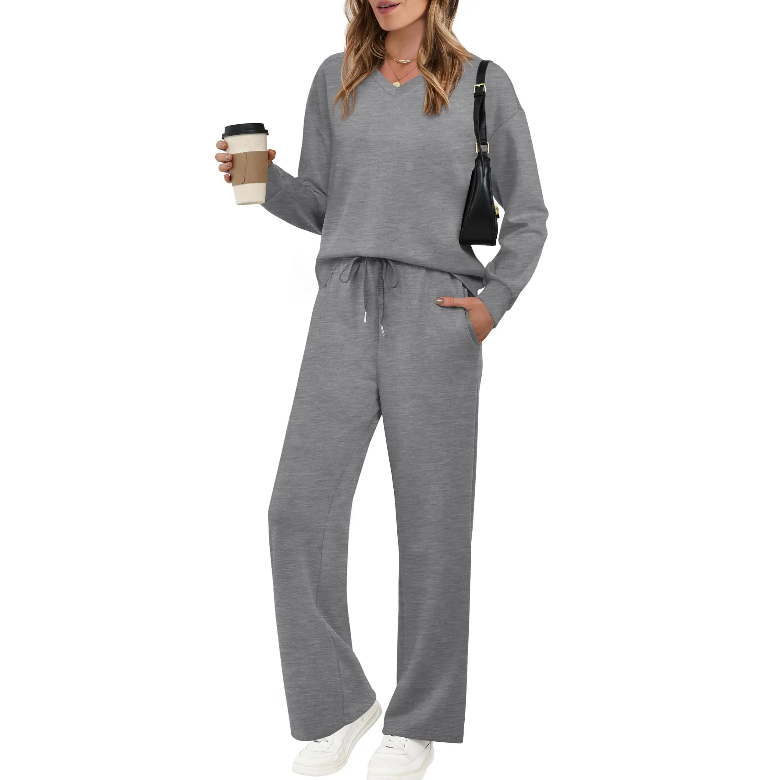 Women's Casual Two-Piece Set (V-Neck Top + Wide-Leg Pants)