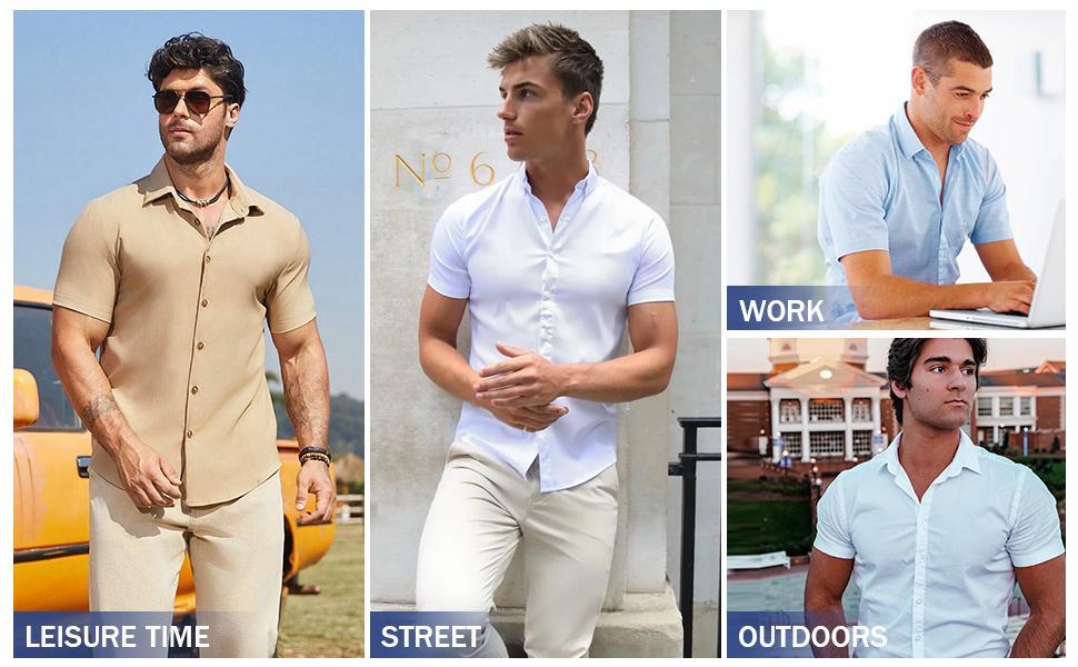 2-Pack AMZPURE Men's Stretch Slim Muscle Fit Short Sleeve Dress Shirts Casual Button-Down Style Perfect Menswear for Dad,back to school,back to school shopping