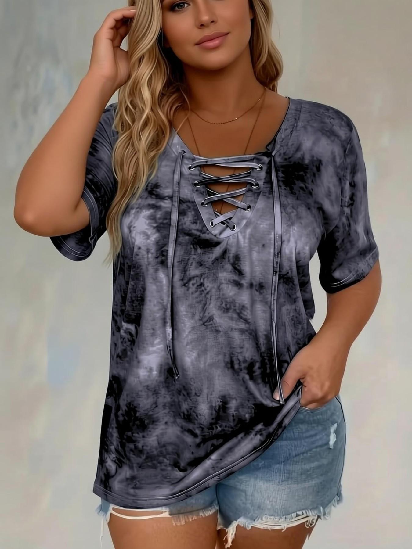 Women's Plus Size Tie Front V-Neck T-Shirt, Casual Stylish Tee, Casual Pattern Fitted Top, Comfortable Stretch Fabric Womenswear, Perfect for Daily Wear & Gifts, Everyday, Casual Streetwear Top, Casual Streetwear Look Women's Plus Size Tie Front V-Neck T-Shirt, Casual Stylish Tee, Casual Pattern Fitted Top, Comfortable Stretch Fabric Womenswear, Perfect for Daily Wear & Gifts, Everyday, Casual Streetwear Top, Casual Streetwear Look