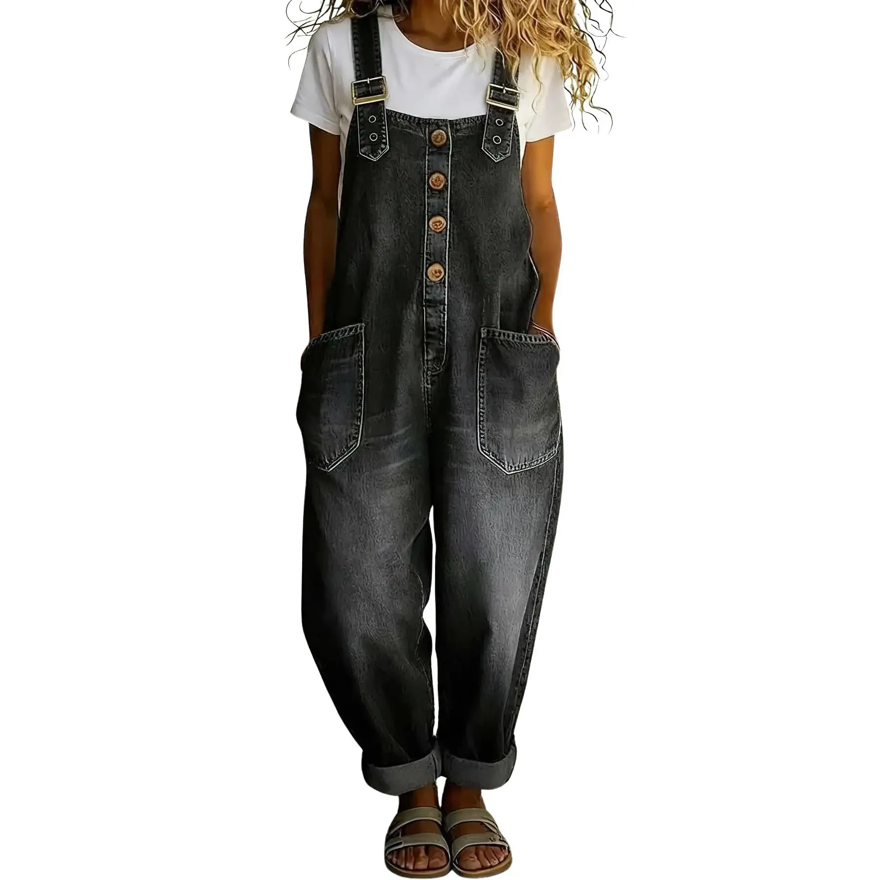 Vintage-style loose wide-leg denim overalls
