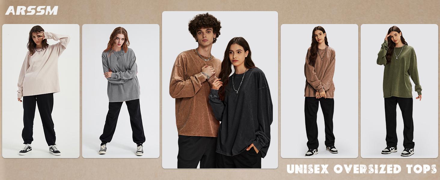 Arssm 3-Pack Unisex Long Sleeve T-Shirt &ndash; Vintage Acid Wash Baggy Cotton Tee for Streetwear, Casual Outfits & Layering