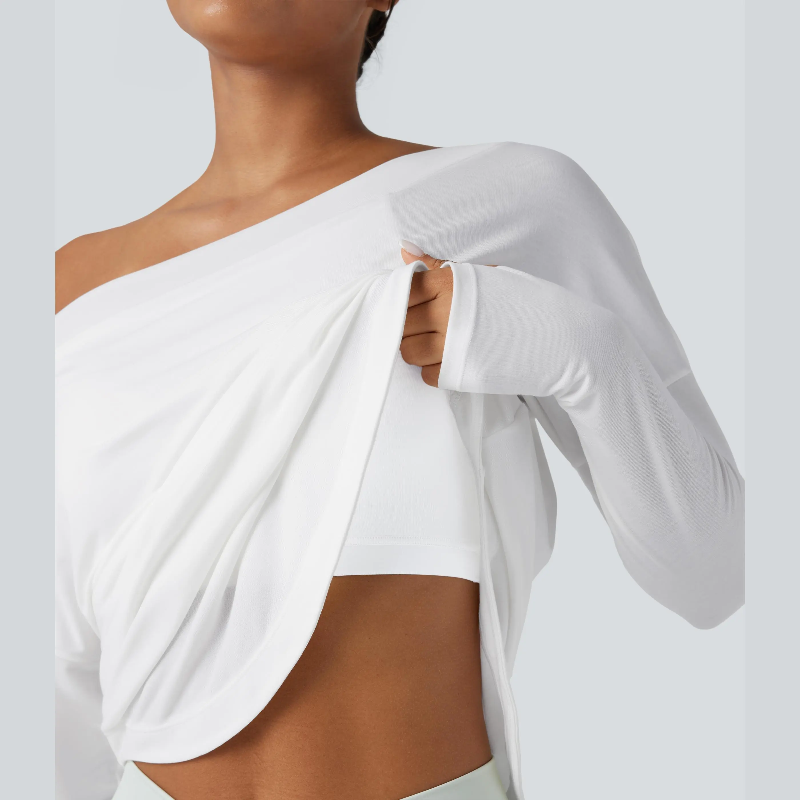 Women's One-Shoulder Long-Sleeve Yoga Sports Top — Built-in Bra