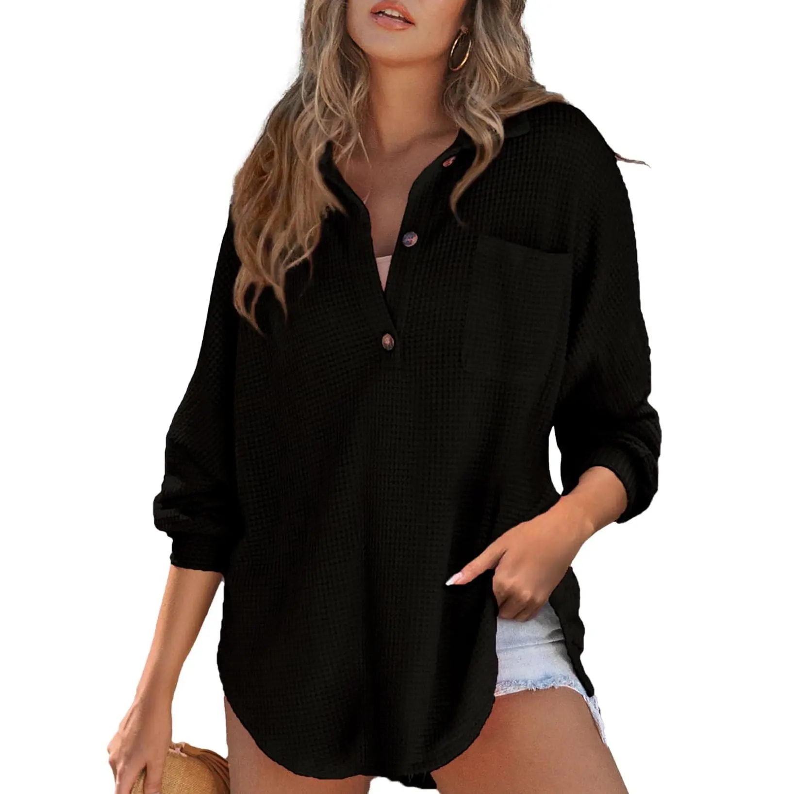Women's Relaxed-Fit Waffle-Knit Henley Shirt