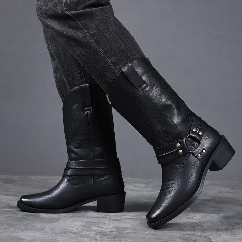 Men's Cowboy Style Footwear, Embossed PU Western Ankle Booties with Strap and Buckle, Low Heel Casual Walking Shoes, Ankle Strap