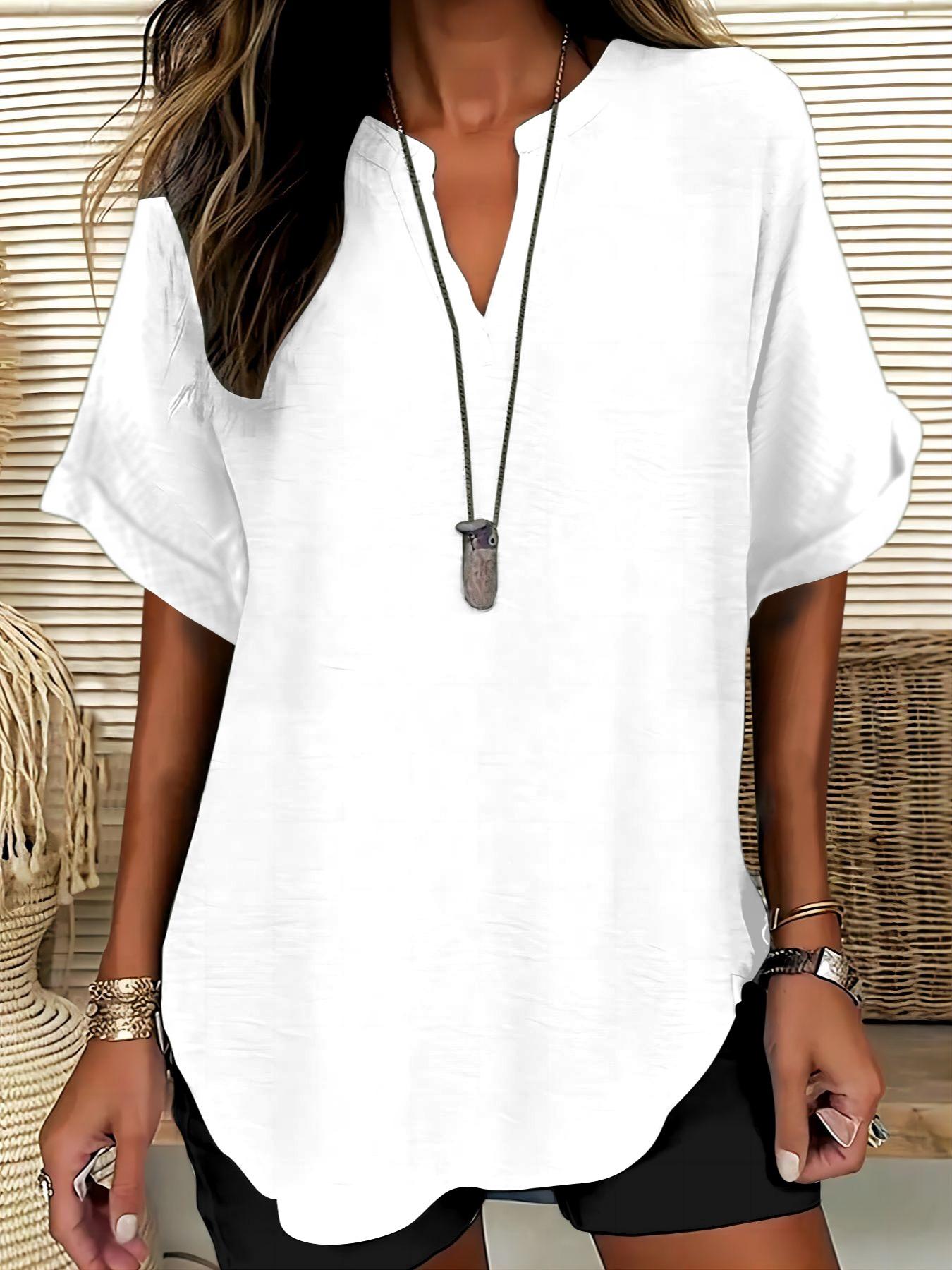 Elegant Minimalist Polyester V Neck Loose Fit Short Sleeve Blouse Shirt for Women, 100% Polyester, Regular Length, 145g/m², Casual Everyday Weekend Top Womenswear Elegant Minimalist Polyester V Neck Loose Fit Short Sleeve Blouse Shirt for Women, 100% Polyester, Regular Length, 145g/m², Casual Everyday Weekend Top Womenswear