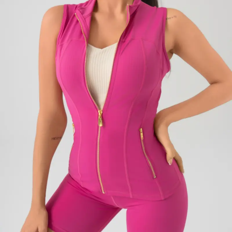 Women's Minimalist Gold-Zip Vest and Slim-Fit Knee-Length Shorts Two-Piece Set