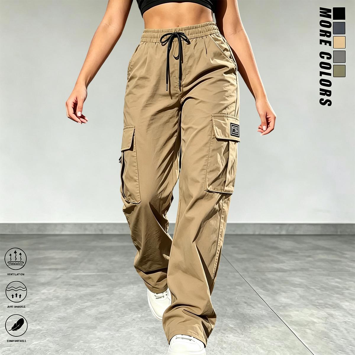 Women&rsquo;s cargo pants: casual, elastic waist, Bohemian minimalist basic women&rsquo;s trousers with pockets; suitable for summer outfits, vacations, and beachwear; sporty casual style; comfortable loose fit; casual drawstring high-waist pants; loose and comfortab