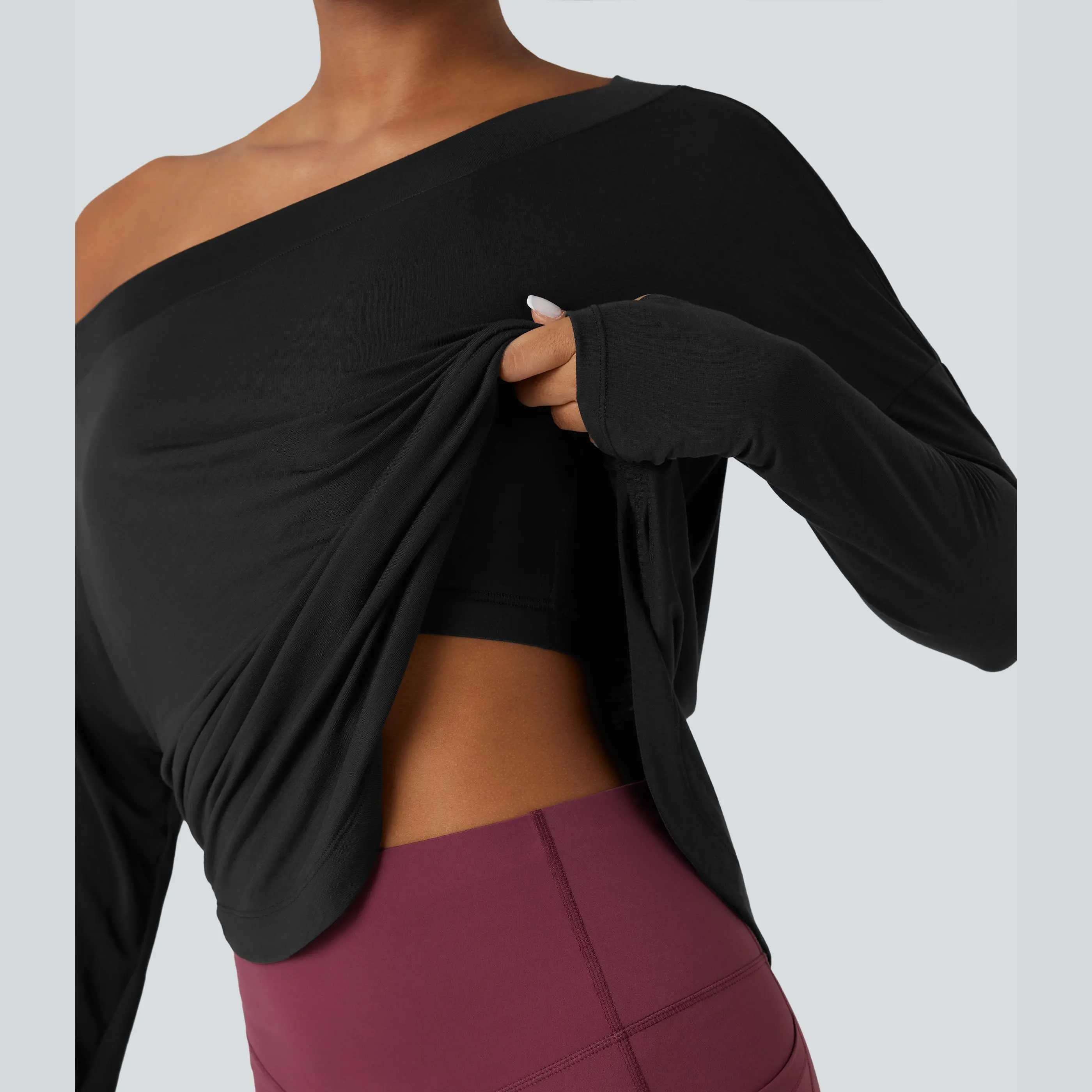 Women's One-Shoulder Long-Sleeve Yoga Sports Top — Built-in Bra